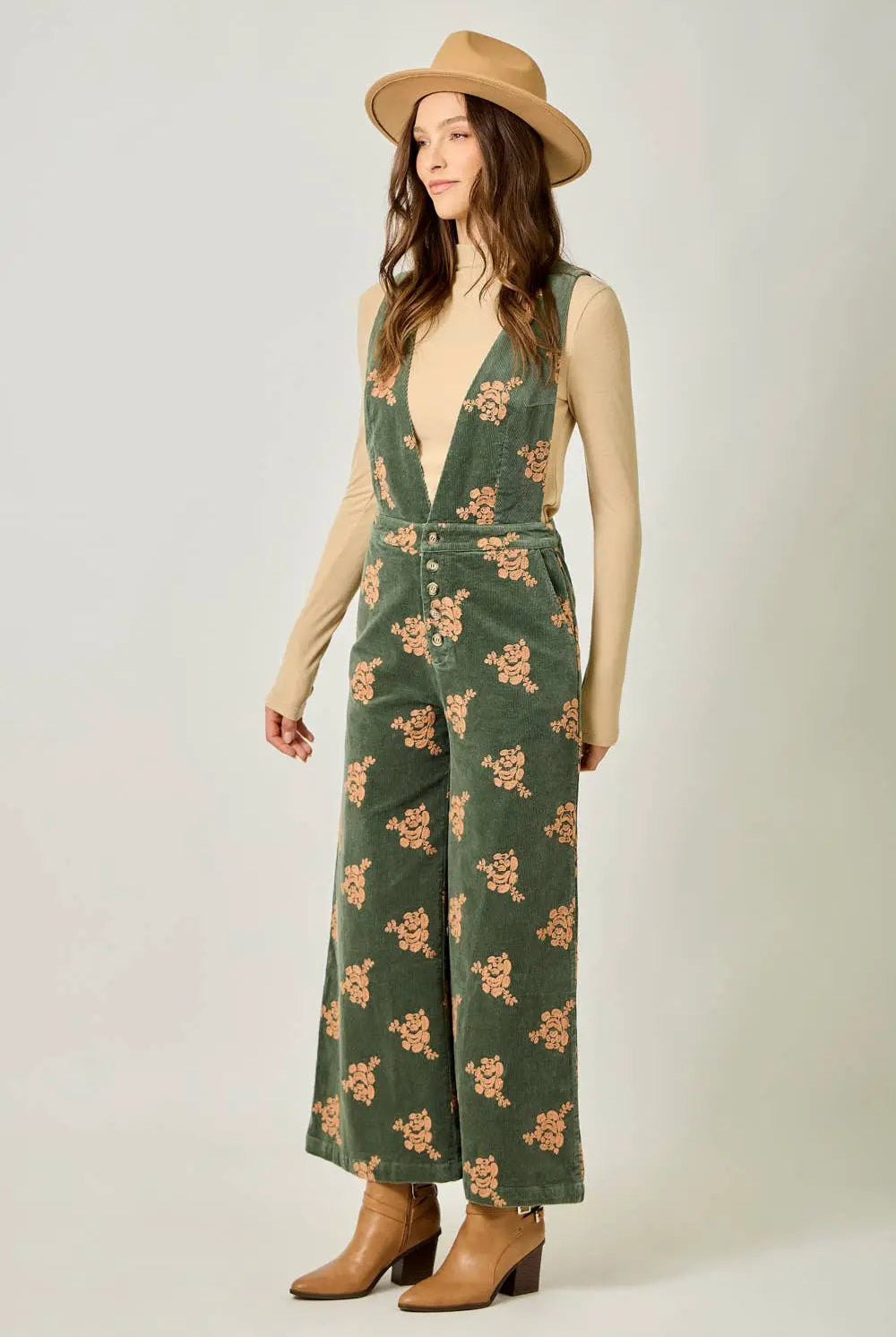 Mystree The Golden Grove Embroidered Corduroy Jumpsuit – Vintage Olive - One-Pieces