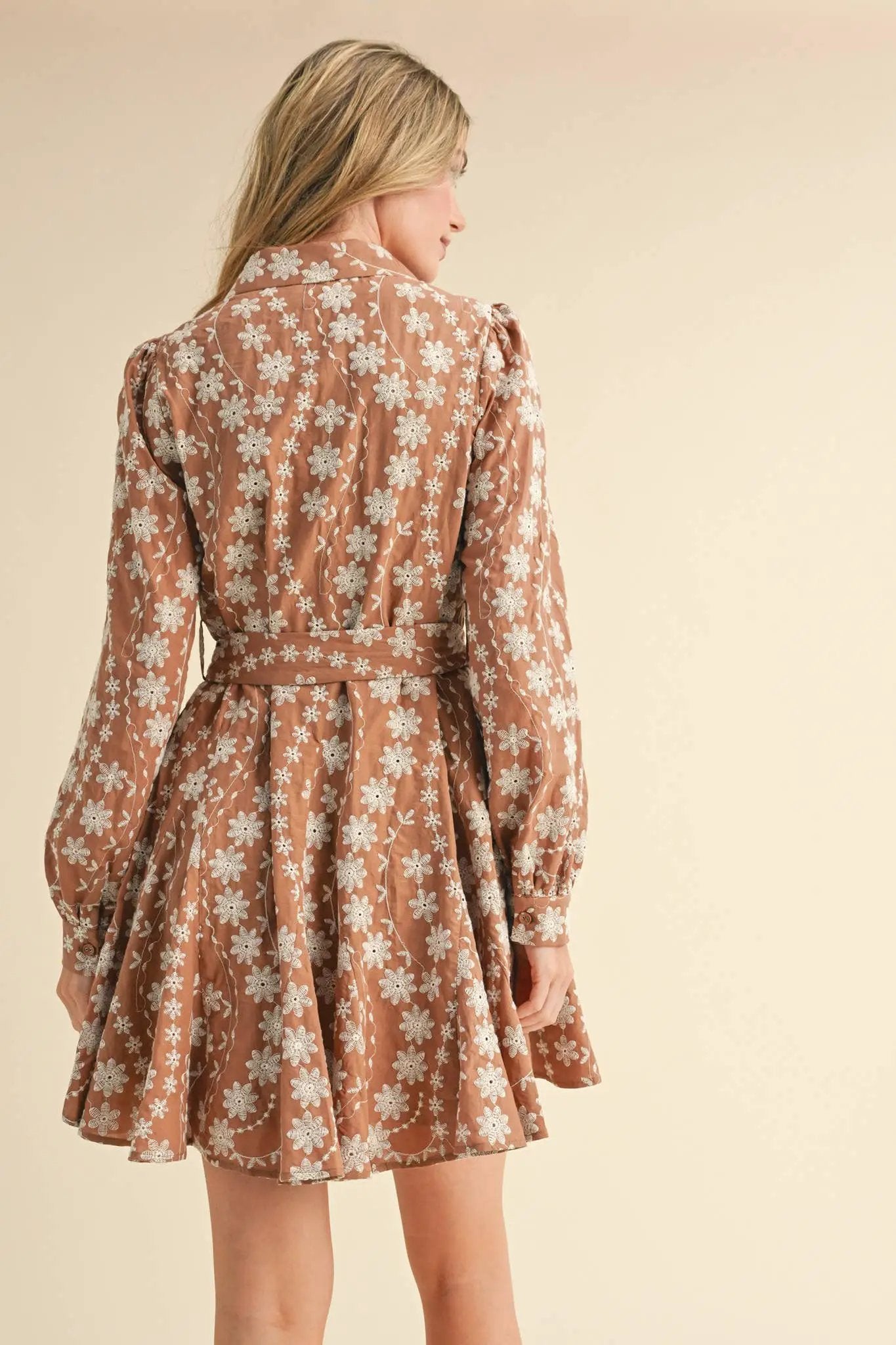 &MERCI &merci - Intricate Floral Embroidery Button Down Flared Mini Dress in Dark Amber - Dresses