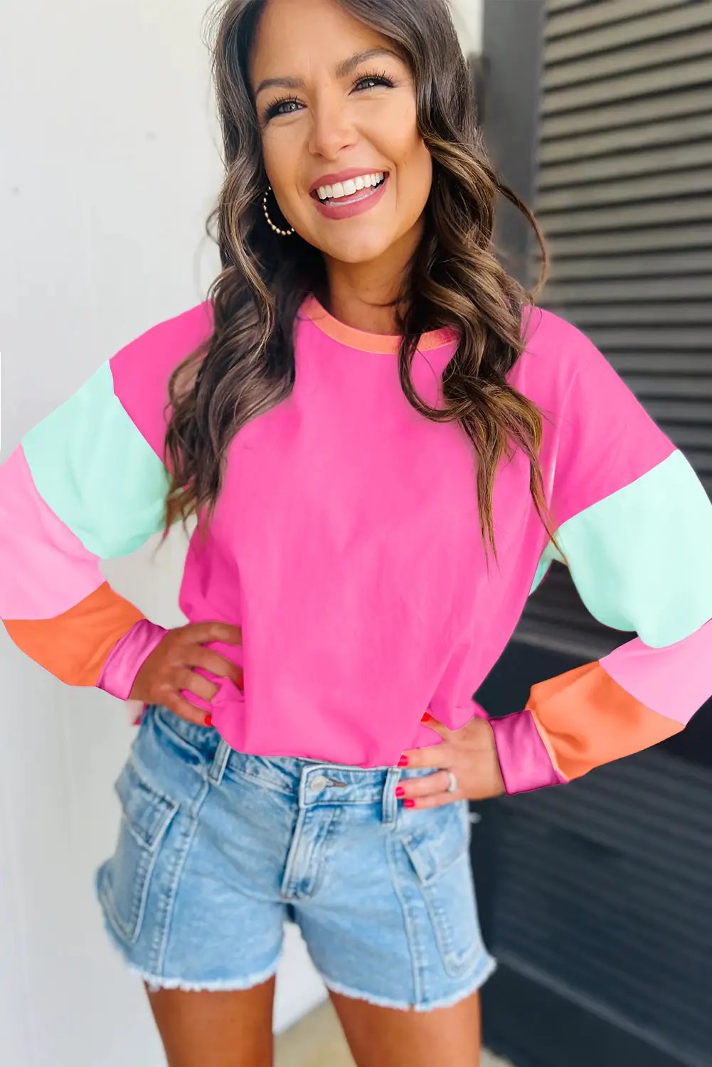 Grateful Threads Boutique Rose Red Colorblock Patchwork Long Sleeve Loose Top - Shirts Rose Red Colorblock Patchwork Long Sleeve Loose Top