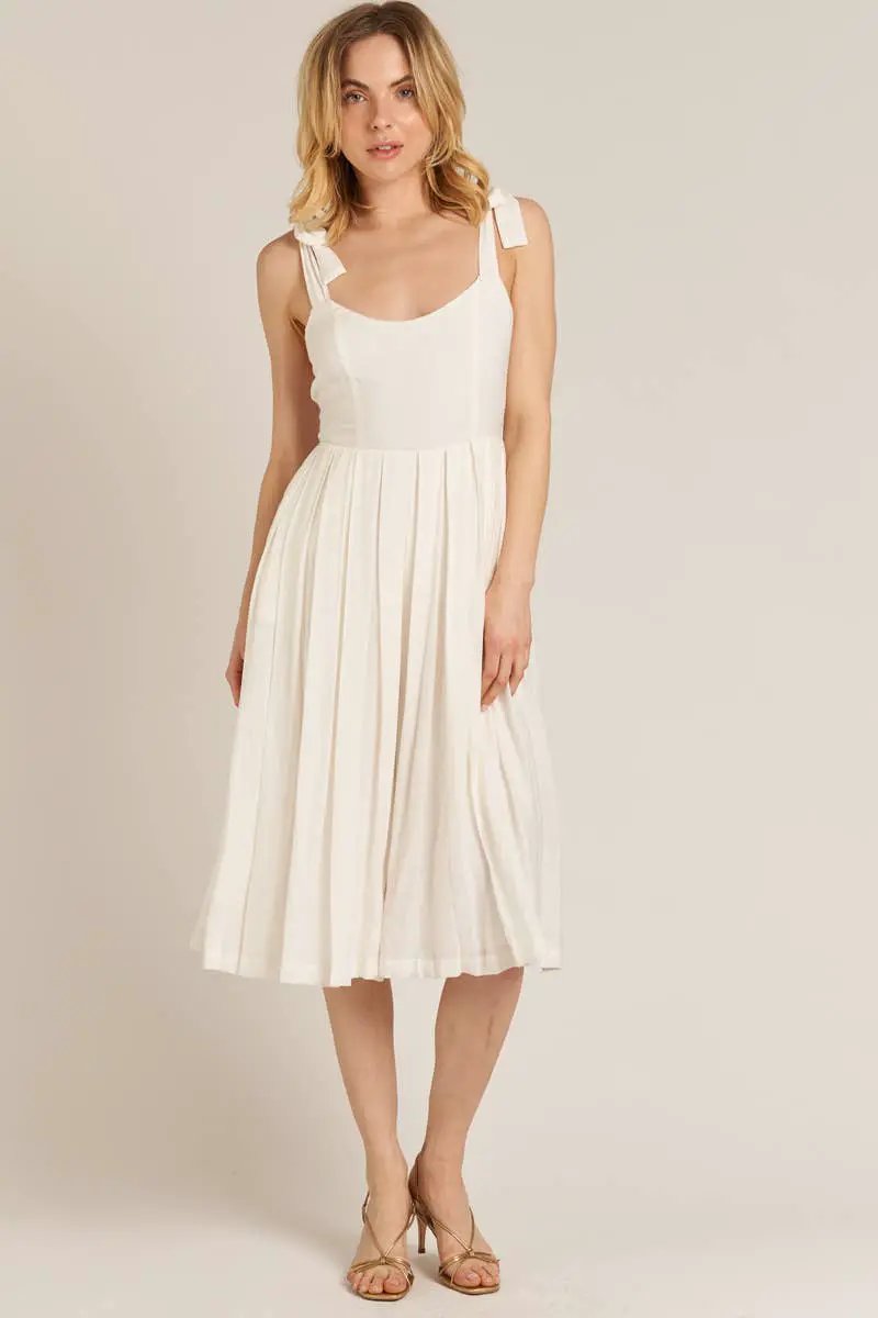 En Crème En Crème White Shoulder Tie Pleated Wide Leg Culotte Jumpsuit - One-Pieces