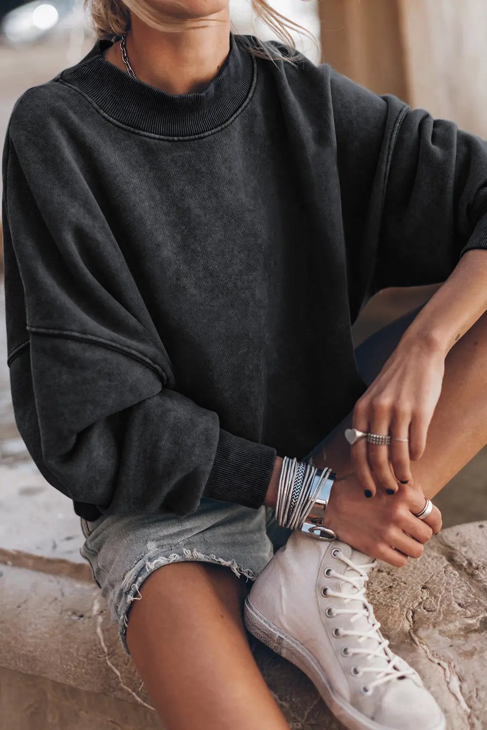 Grateful Threads Boutique Black Drop Shoulder Mineral Wash Crew Neck Pullover Sweatshirt - Sweatshirts Black Drop Shoulder Mineral Wash Crew Neck Pullover Sweatshirt