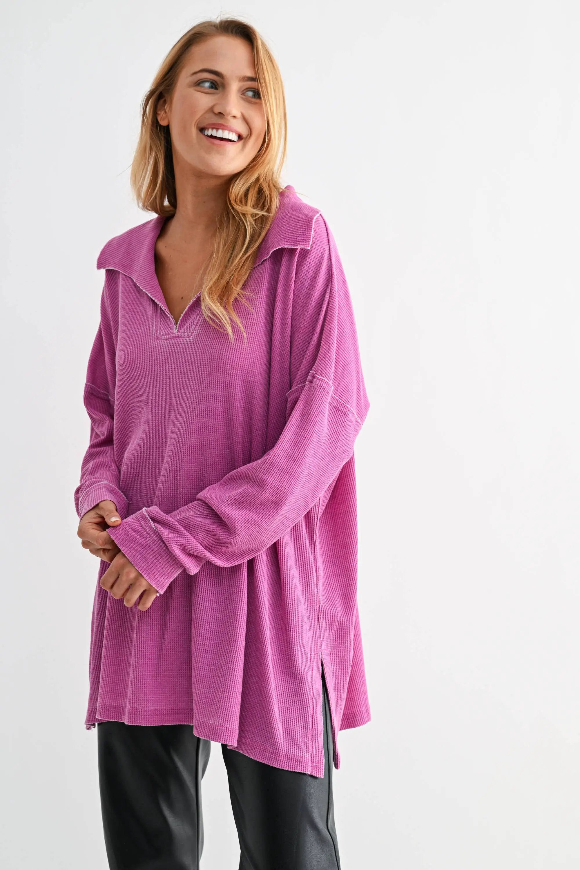 Mono B Mono B - Cotton Blend Waffle Knit Oversized Collared Long Sleeve - Sweaters Mono B - Cotton Blend Waffle Knit Oversized Collared Long Sleeve