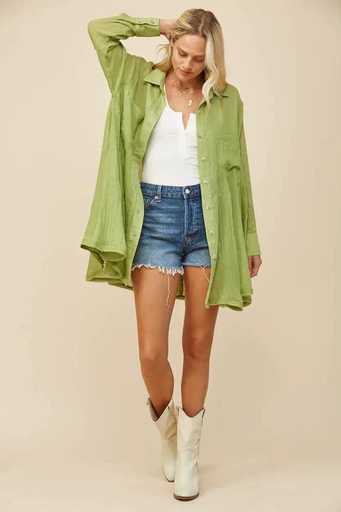 WISTERIA LANE Wisteria Lane - Lime Gauze Wide Sweep Paneled Shirt Dress - Dresses