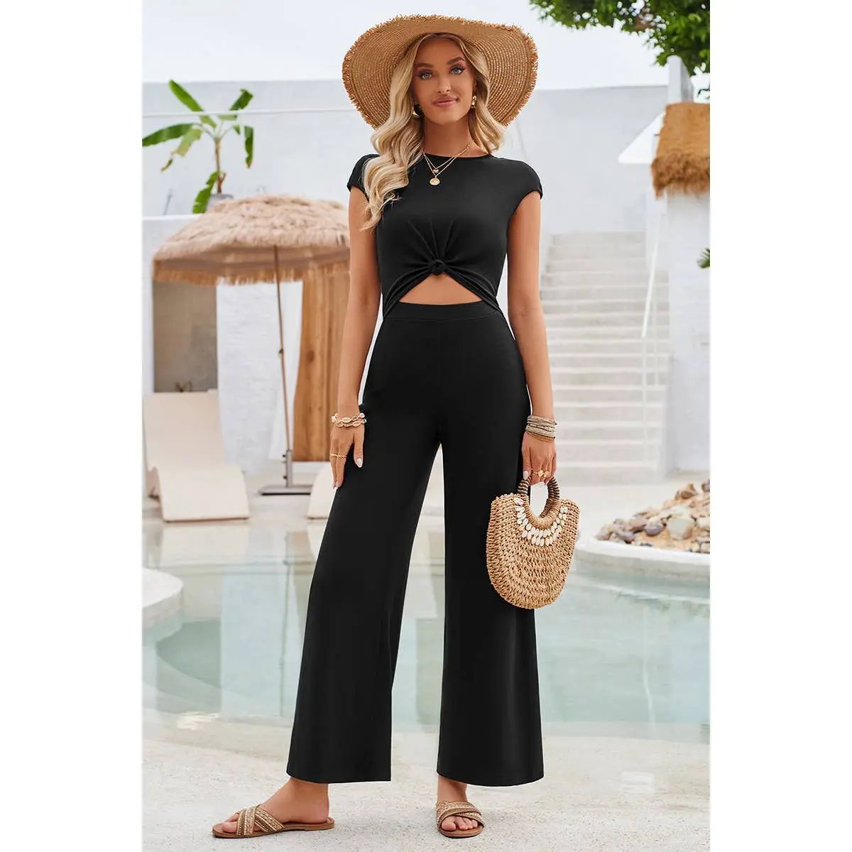 Supreme Fashion Open Back Knot Cut Out Elastic Solid Jumpsuit - One-Pieces Open Back Knot Cut Out Elastic Solid Jumpsuit