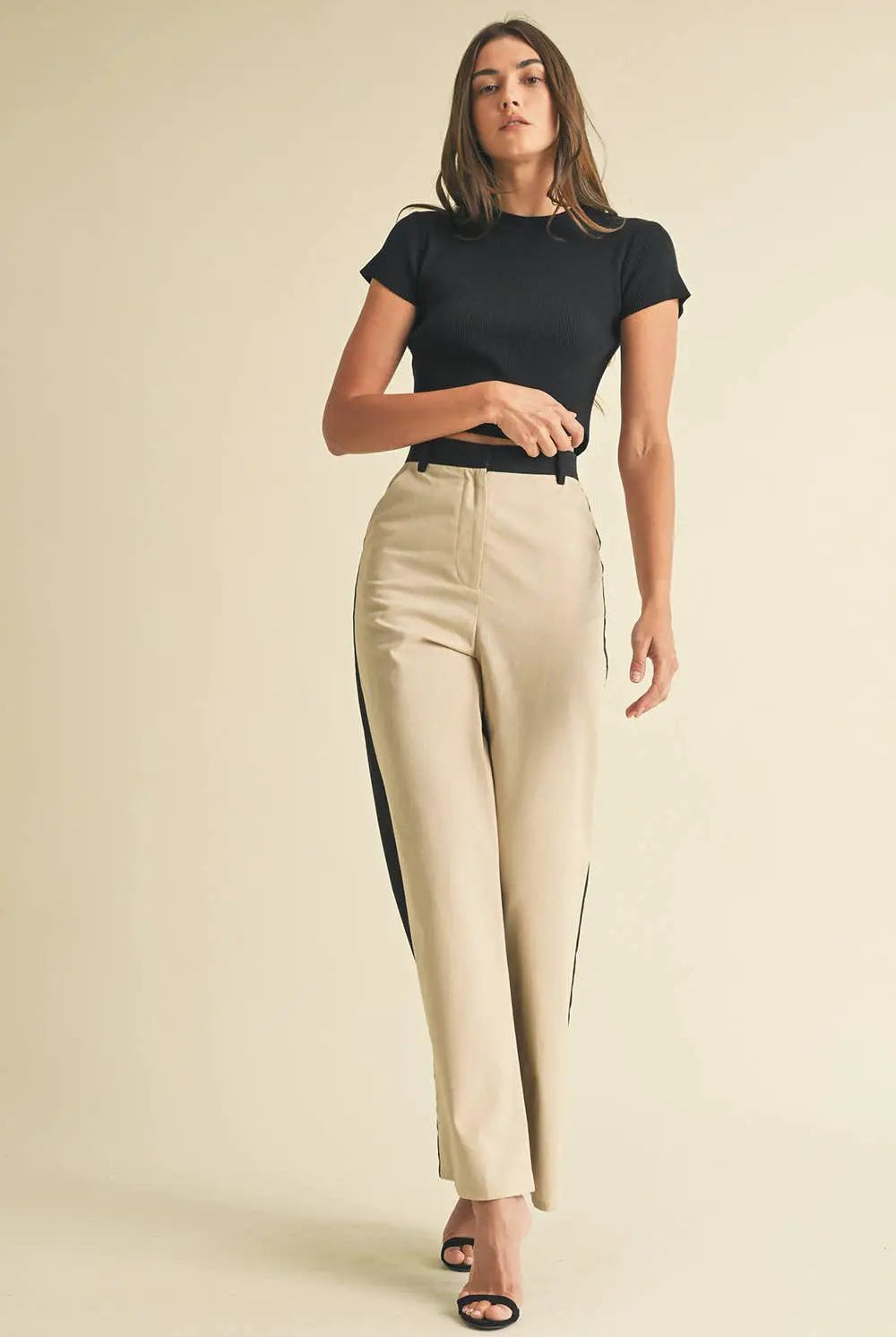 Endless Blu Endless Blu Black/Almond Color Block Linen Trouser Pants - Pants