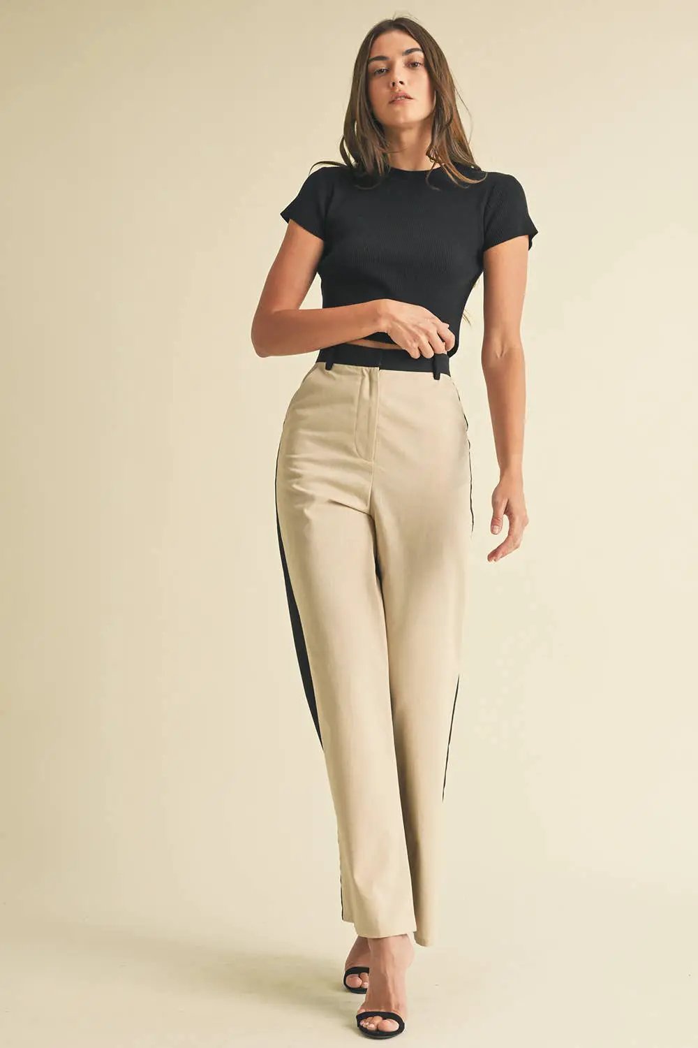 Endless Blu Endless Blu Black/Almond Color Block Linen Trouser Pants - Pants
