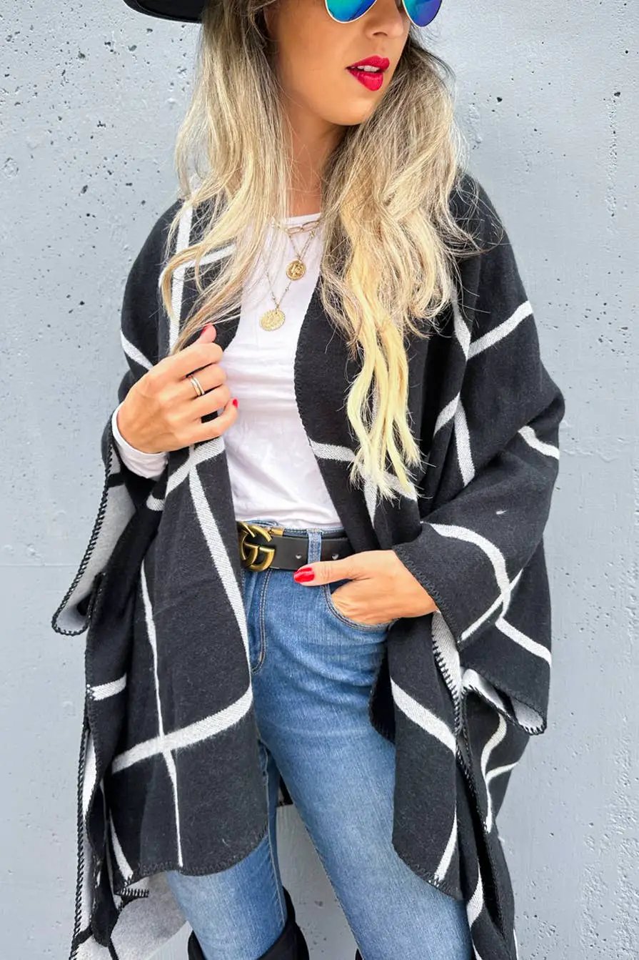 AMOLI AMOLI - Black Grey Dual-Tone Check Printed Cozy Reversible Ruana - Cardigans