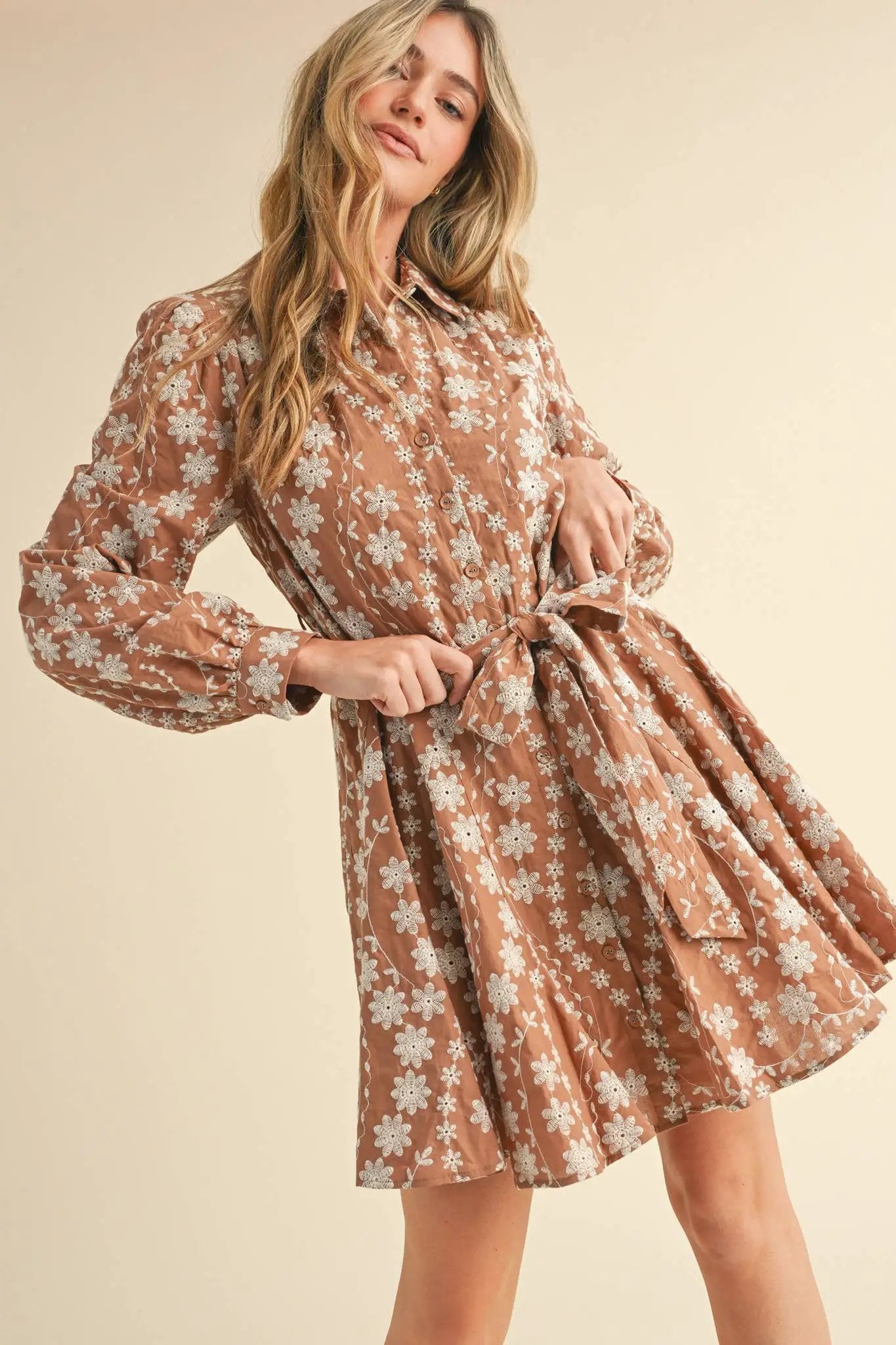 &MERCI &merci - Intricate Floral Embroidery Button Down Flared Mini Dress in Dark Amber - Dresses