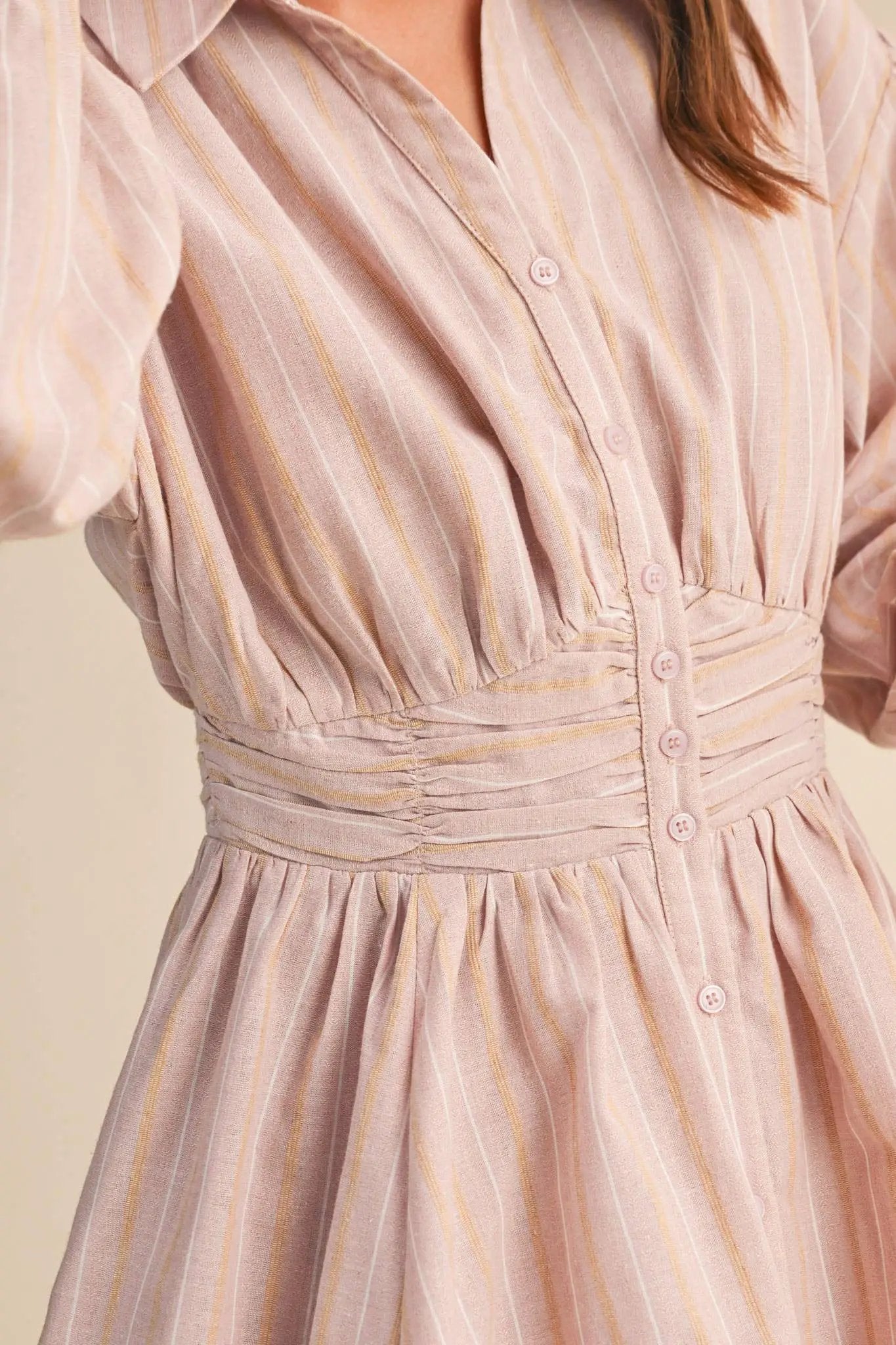 &MERCI Blushing Stripes Ruched Waist Mini Dress - Dresses