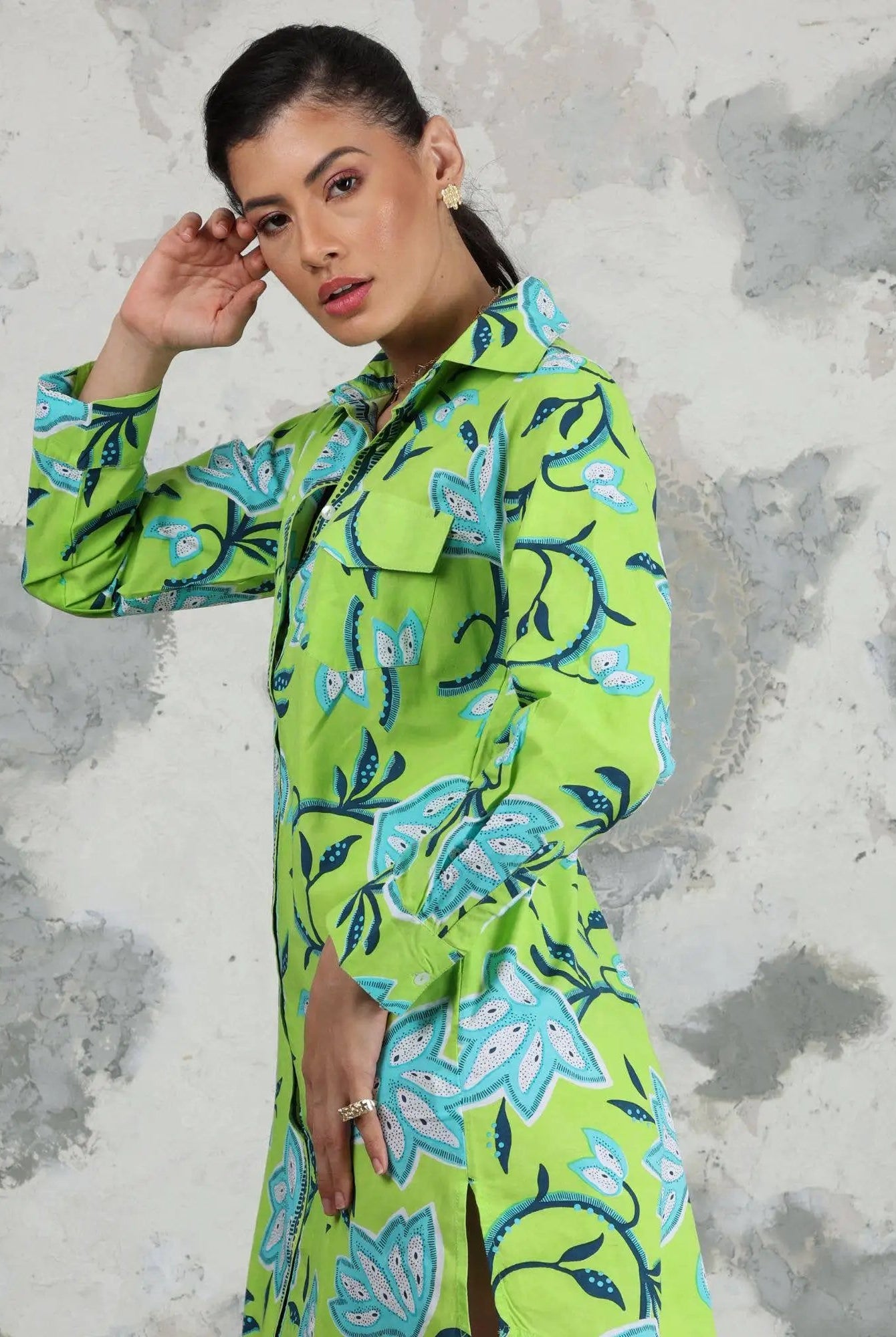 Avani Del Amour Avani Del Amour Lime Green Dancing Flower Long Sleeve Missy Shirt Dress - Dresses