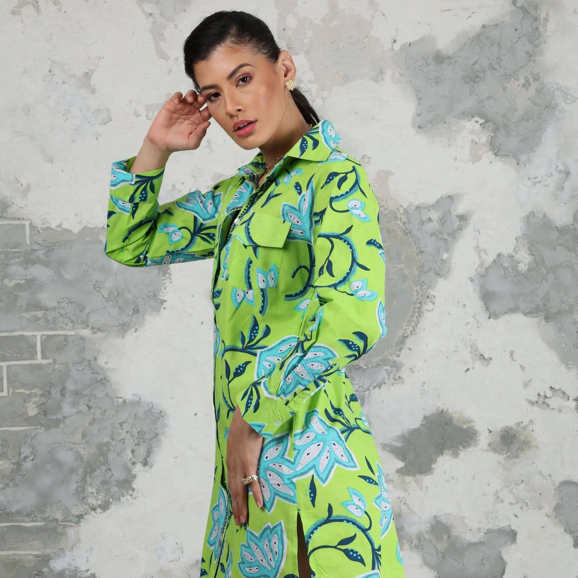Avani Del Amour Avani Del Amour Lime Green Dancing Flower Long Sleeve Missy Shirt Dress - Dresses
