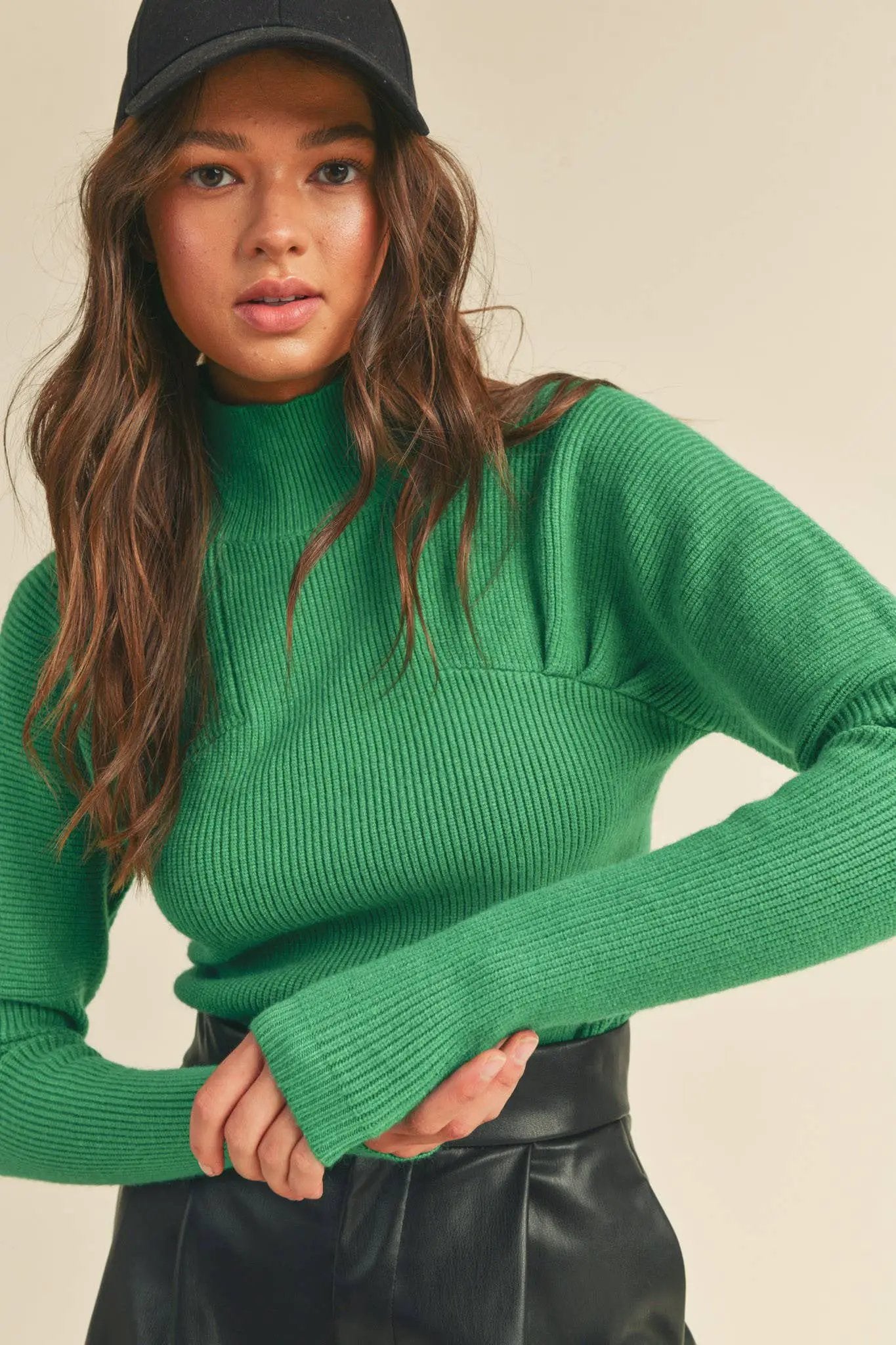 &MERCI &merci - Kelly Green Ribbed Mock Neck Sweater - Sweaters