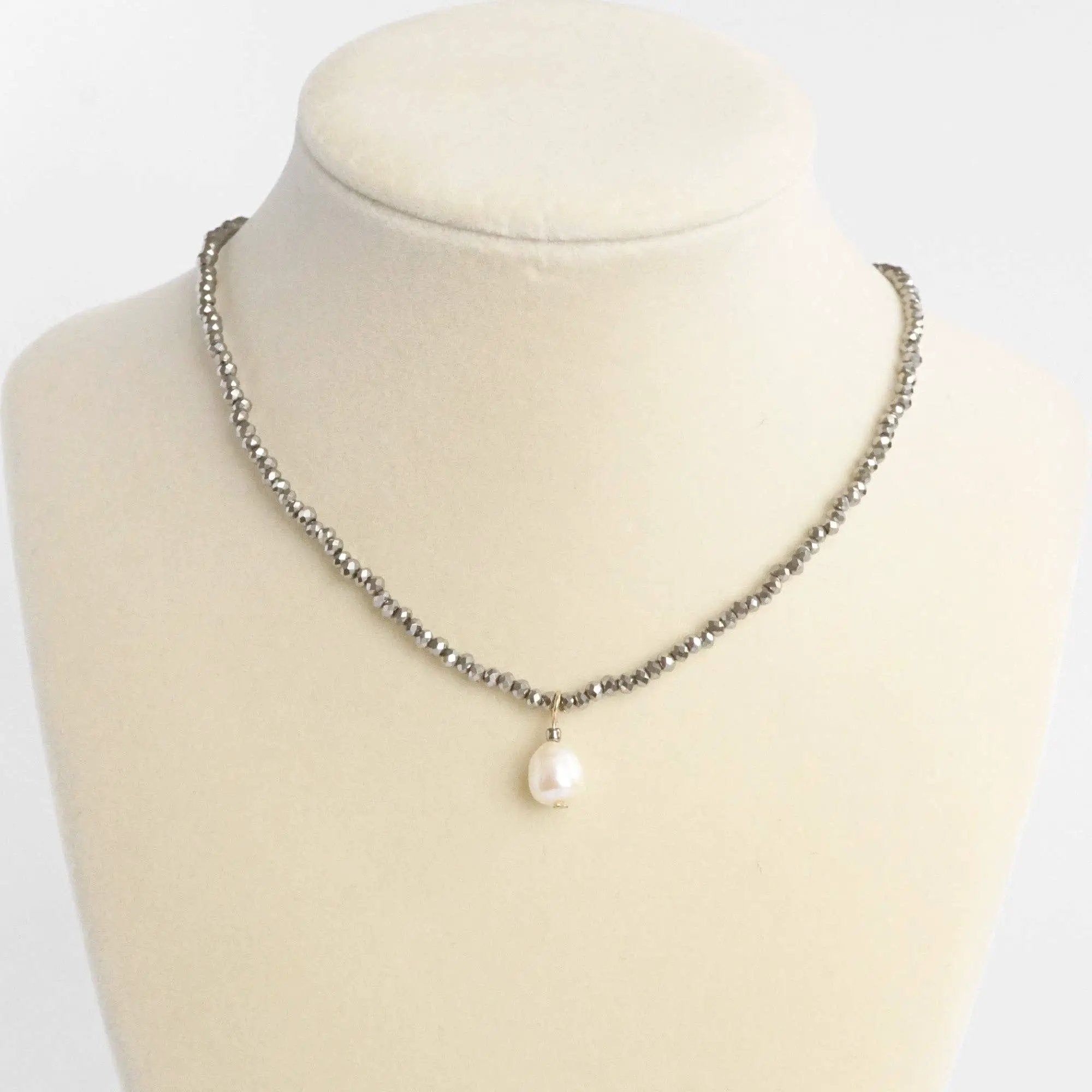 PennyLine inc The Hematite Beaded Chain Freshwater Pearl Pendant Necklace - Jewelry short necklace glass beads freshwater pearl pendant hermatite