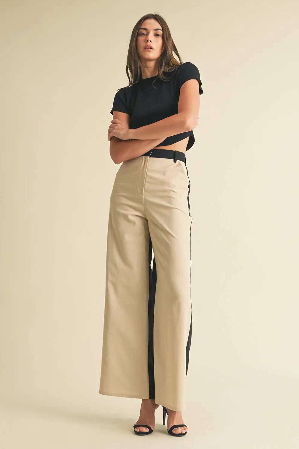 Endless Blu Endless Blu Black/Almond Color Block Linen Trouser Pants - Pants