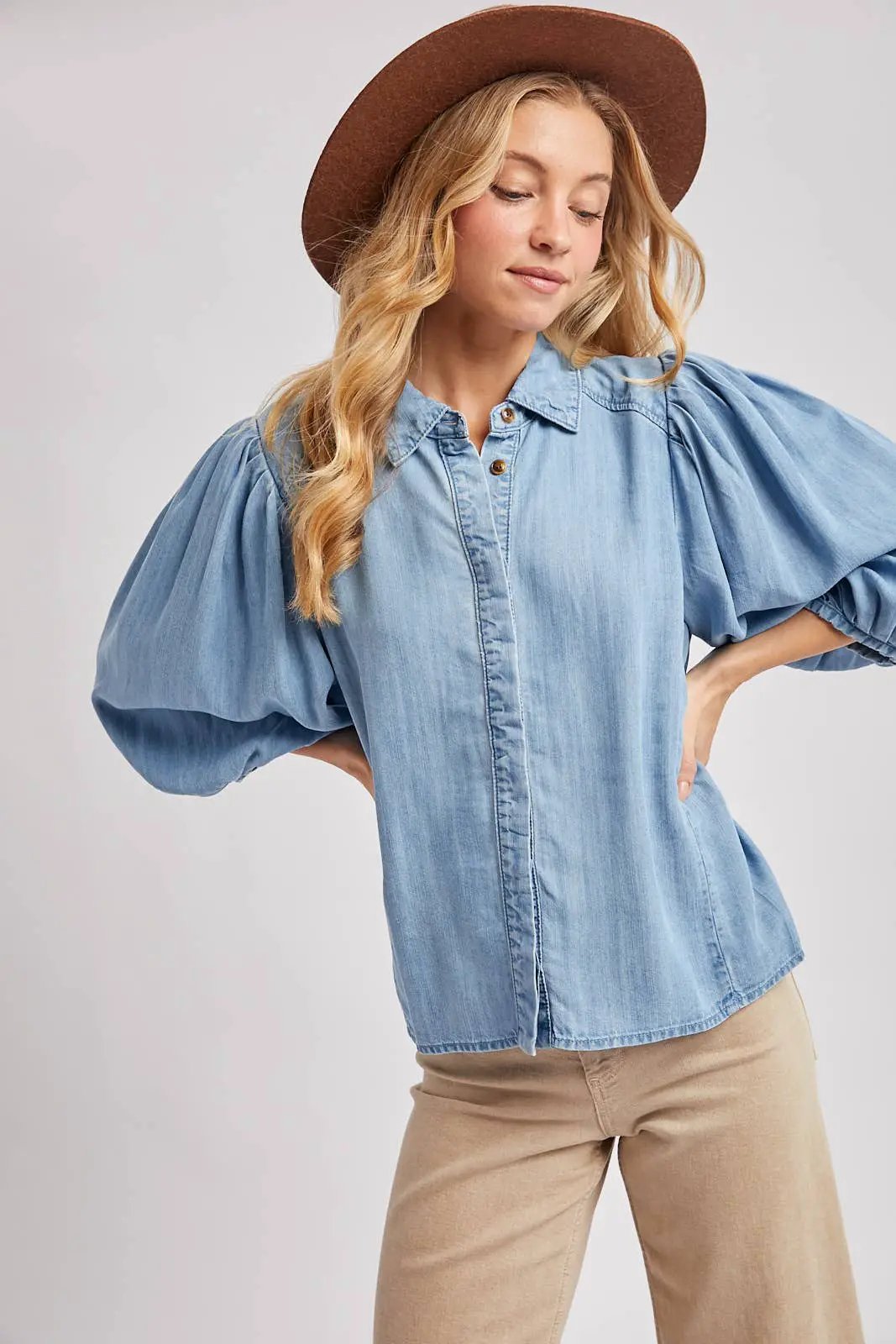 Bluivy The Chambray Ballon Sleeve Button-Up - Blouses