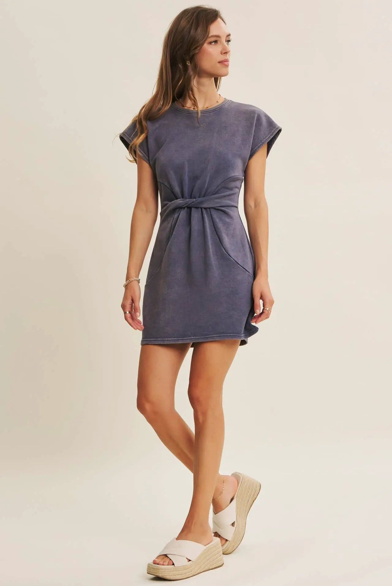 in february Easygoing Mineral-Washed Waist Twist Terry Mini Dress: Washed Denim - Dresses
