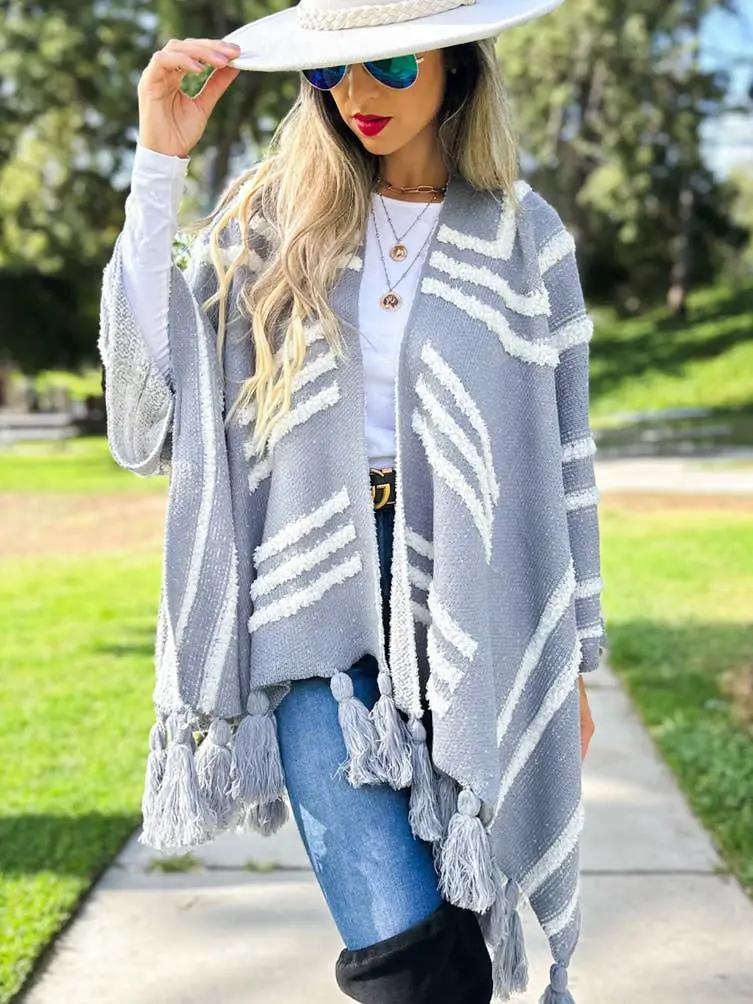 AMOLI AMOLI - Grey Western Textured Pattern with Chunky Tassel Cardigan - Cardigans