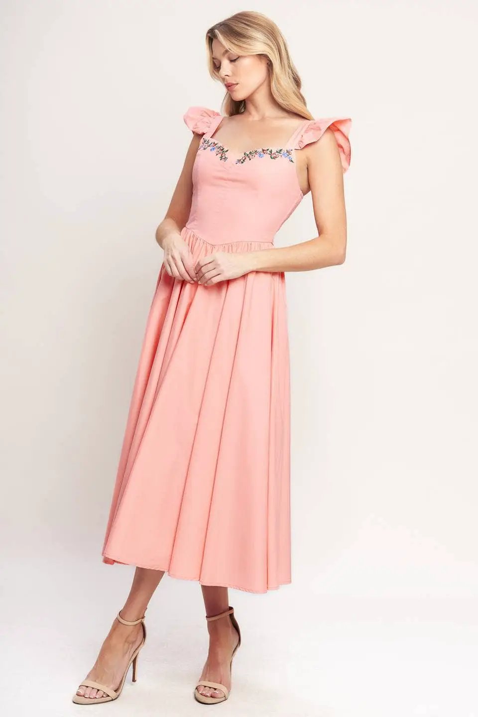 FLYING TOMATO The Blushing Meadow Embroidered Midi Dress - Dresses