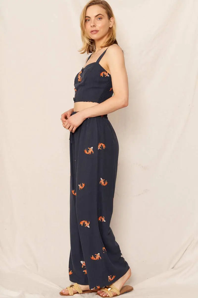 En Crème En Crème Navy & Orange Koi Fish Print Wide Leg Pants - Pants wide leg pants