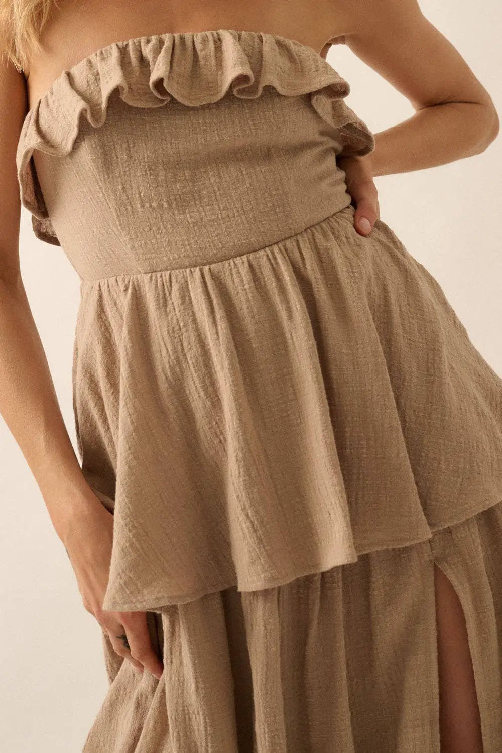 Promesa USA Sand Textured Cotton Strapless Tiered Ruffle Maxi Dress - Dresses Promesa USA Sand Textured Cotton Strapless Tiered Ruffle Maxi Dress
