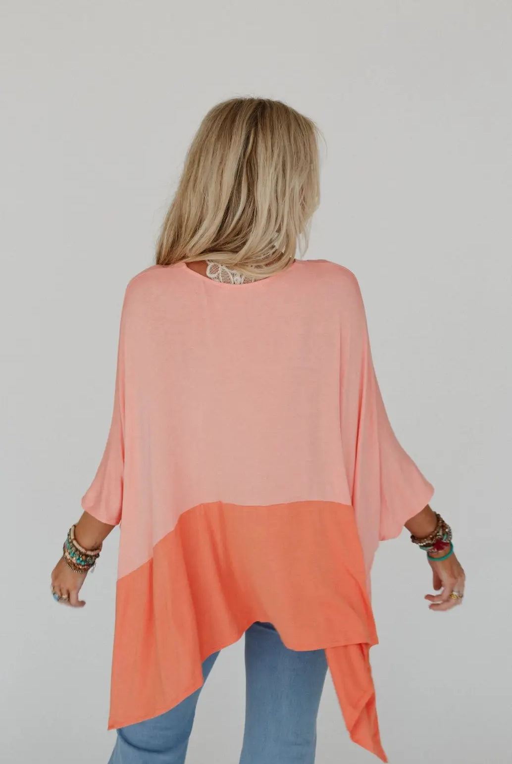 Grateful Threads Boutique Grapefruit Orange Contrast Color Patchwork Oversized Side Split Top - Clothing Tops
