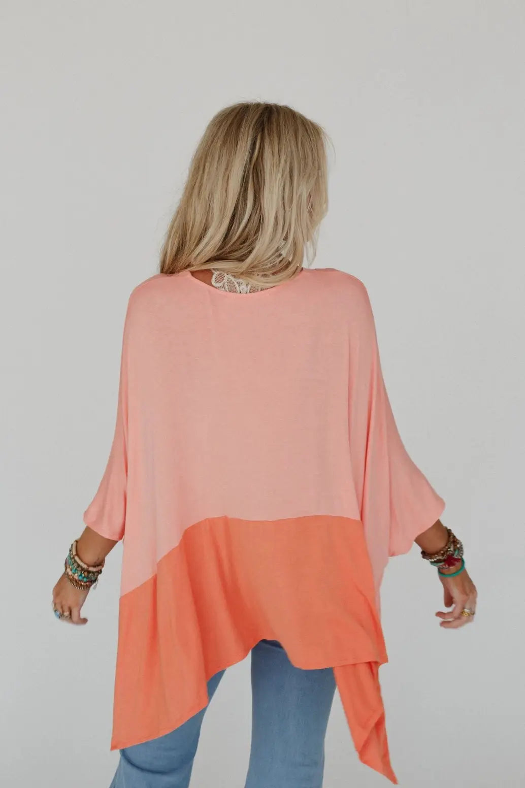 Grateful Threads Boutique Grapefruit Orange Contrast Color Patchwork Oversized Side Split Top - Clothing Tops