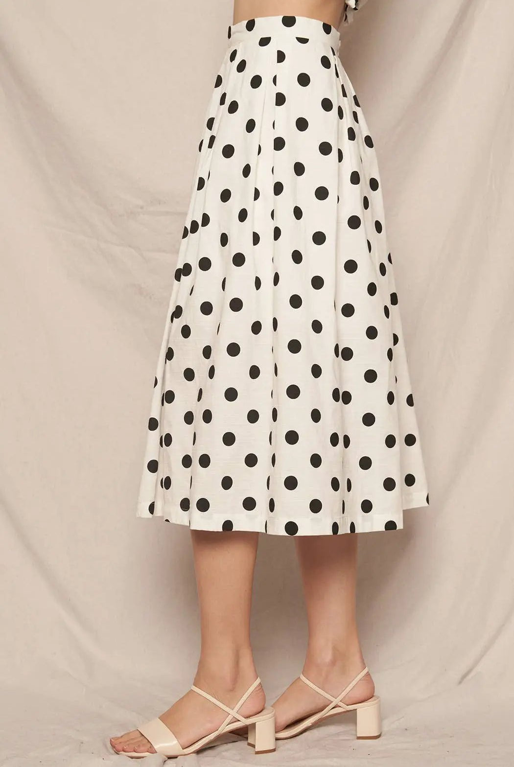 En Crème En Crème White Pleated A-Line Midi Skirt with Black Polka Dots - Skirts