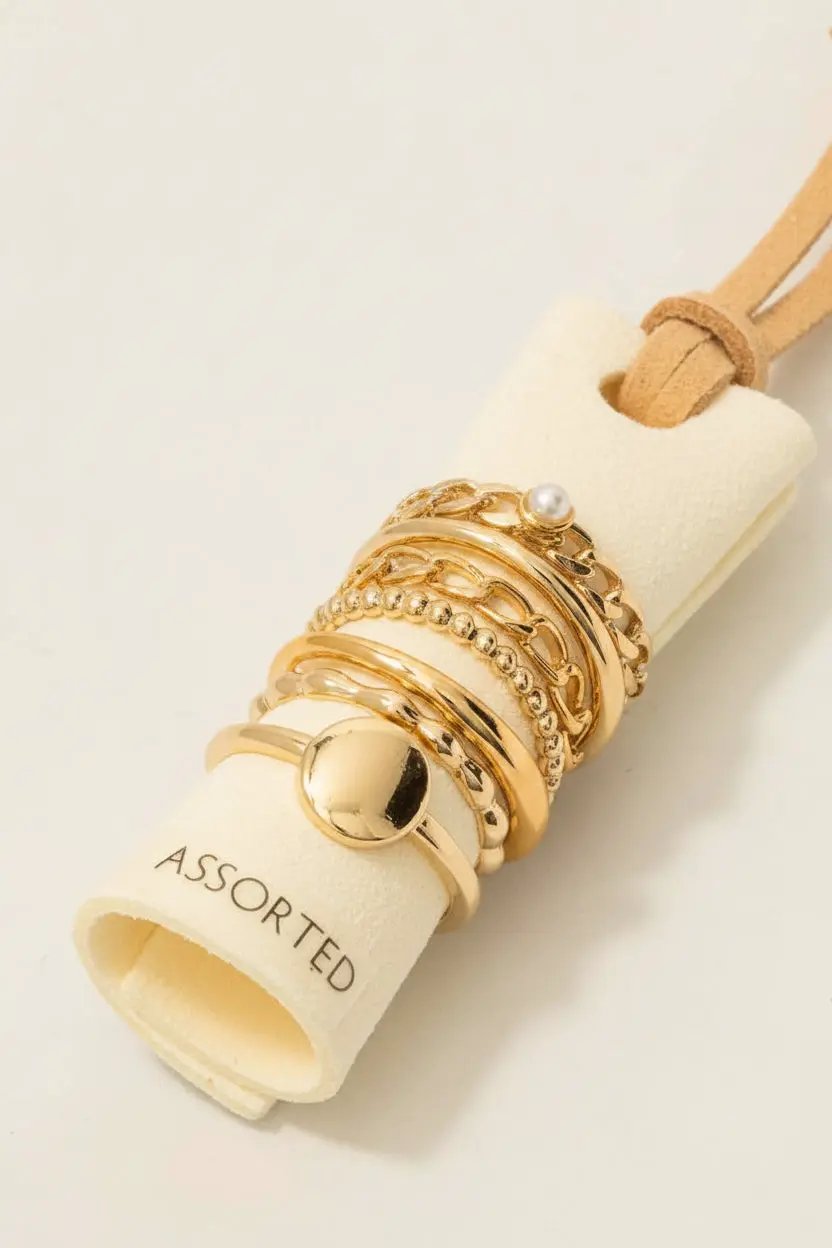 Fame Accessories Pearl Stud Mixed Chain 7Pc Band Rings Set: Gold - Rings
