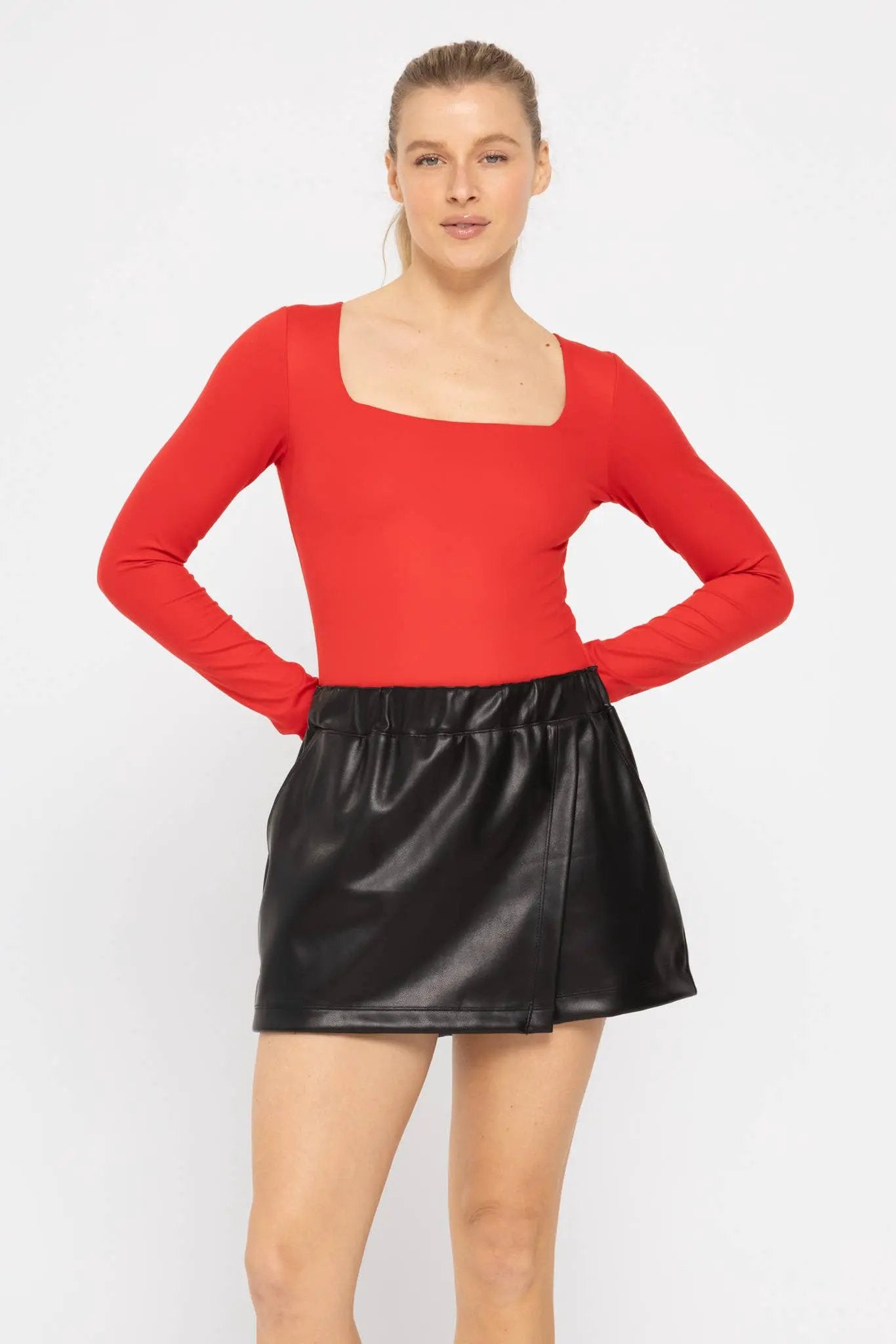 Mono B Mono B - Red Long Sleeve Square Neck Bodysuit - Bodysuits Mono B - Long Sleeve Square Neck Bodysuit