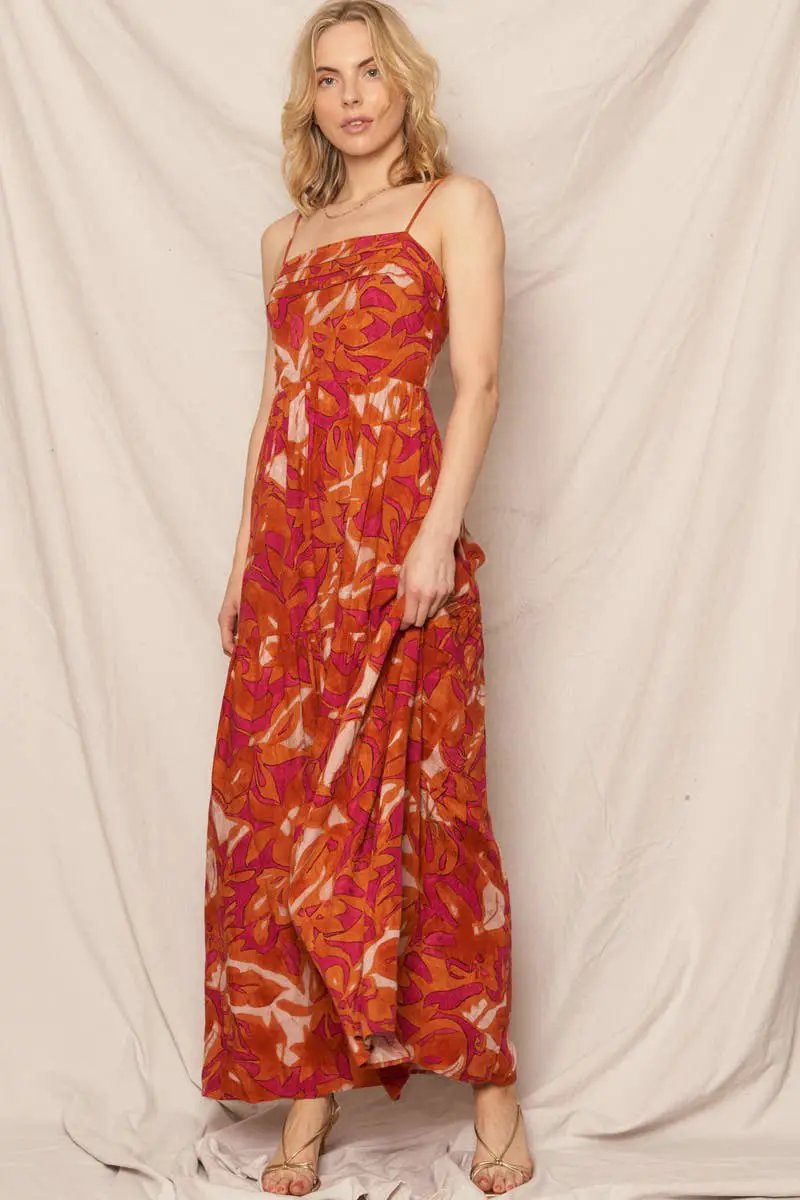 En Crème En Crème Spaghetti Strapped Back Smocked Print Maxi Dress in Burnt Orange - Dresses