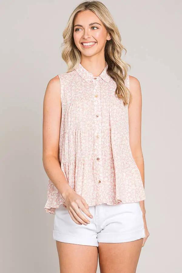 Cerule Ditsy Floral Button Up Sleeveless Ruffle Tiered Woven Shirt - Shirts