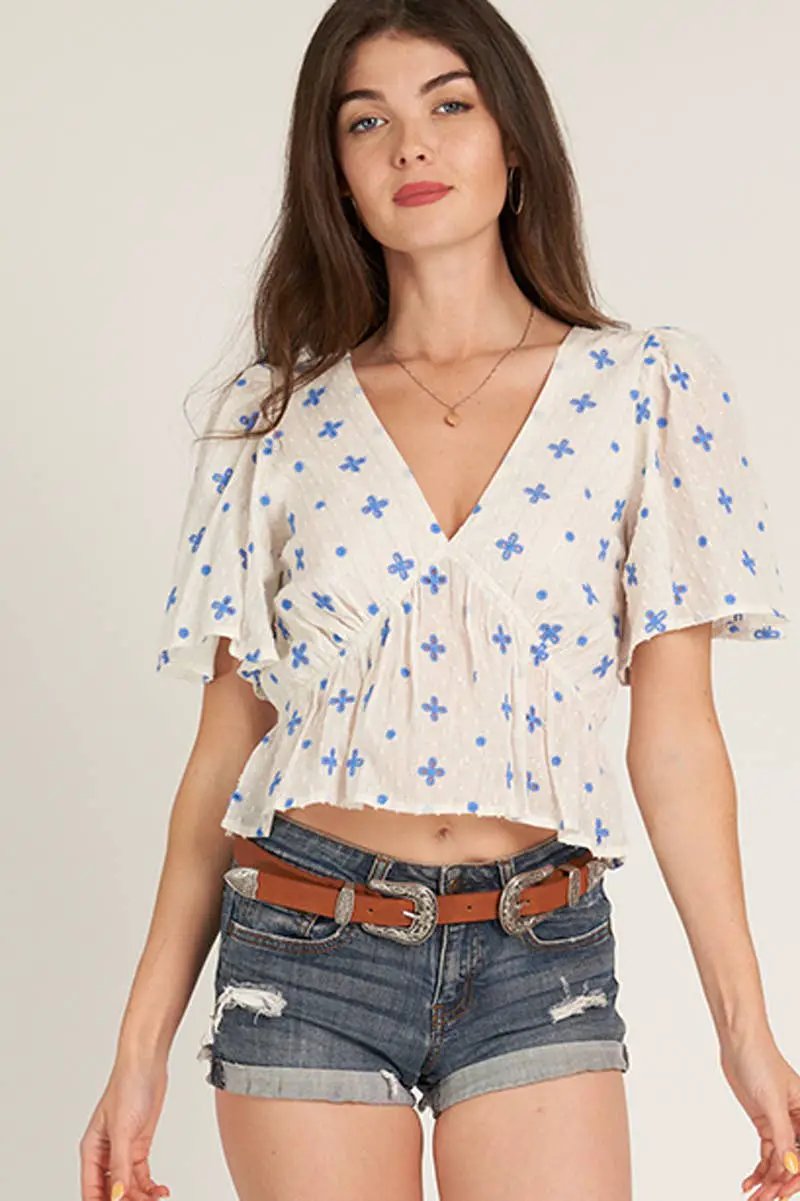 En Crème En Crème - Flutter Sleeve V-Neck Top: White Blue - Clothing Tops