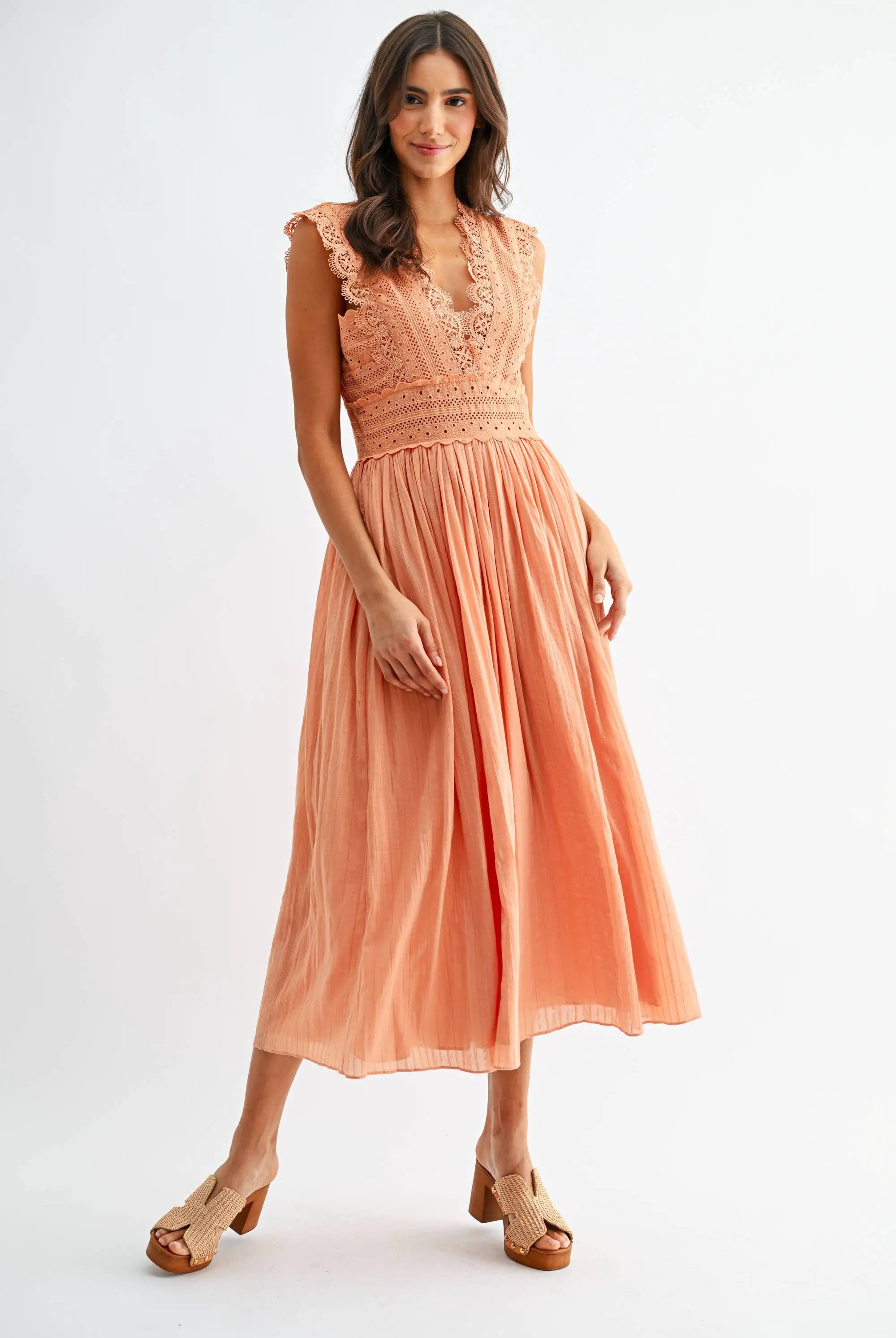 Camellia The Orange Cream Dream Lace Boho Midi Dress - Dresses