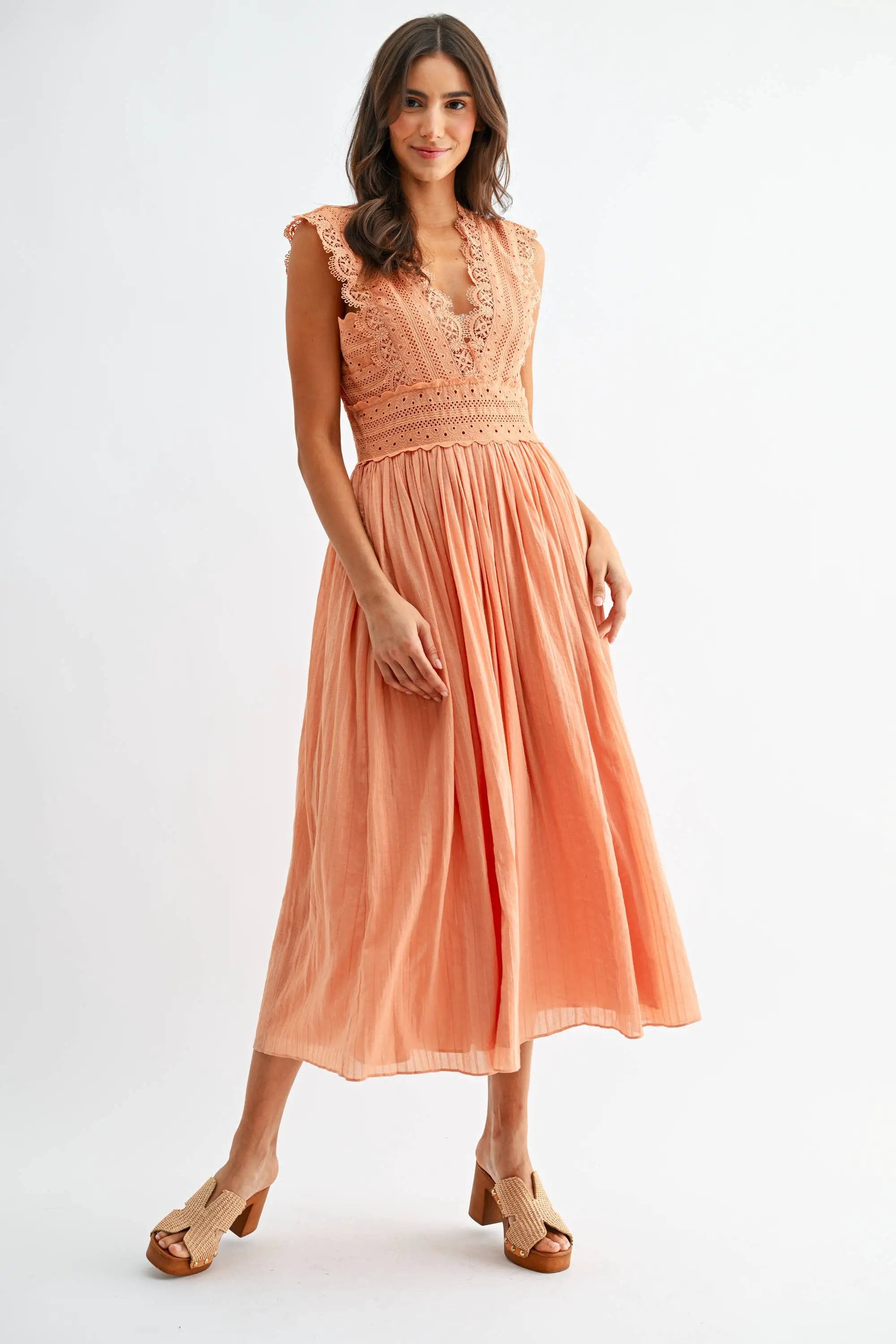 Camellia The Orange Cream Dream Lace Boho Midi Dress - Dresses