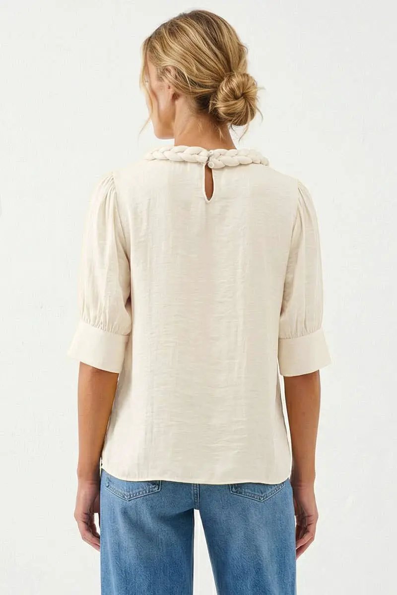 Naked Zebra The Half Sleeve Braided Detail Blouse: Winter White - Blouses