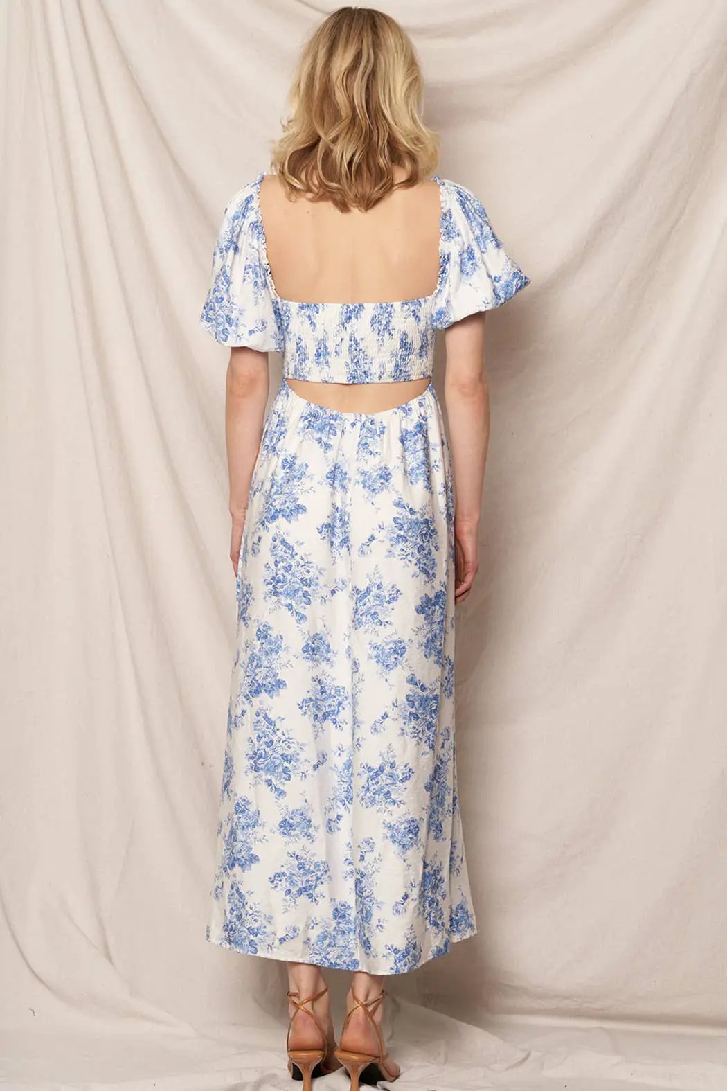 En Crème En Crème - Puff Sleeve Floral Print Midi Dress: White Blue - Dresses spring dress