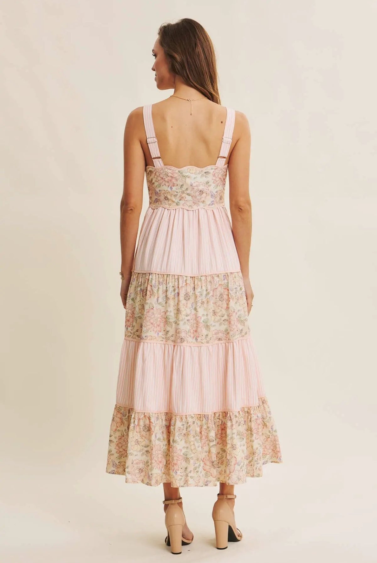 in february The Dreamy Tiered Patchwork Midi Dress: Peach Multi - Dresses