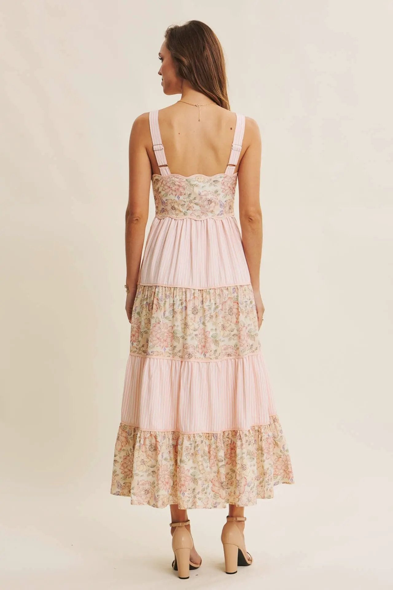 in february The Dreamy Tiered Patchwork Midi Dress: Peach Multi - Dresses