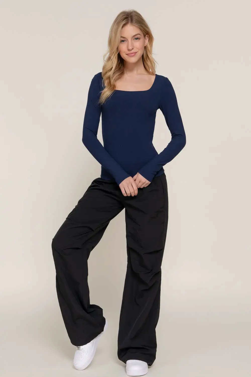 Active Basic | Active USA Navy Nights Square Neck Double Layered Ribbed Knit Top - Shirts