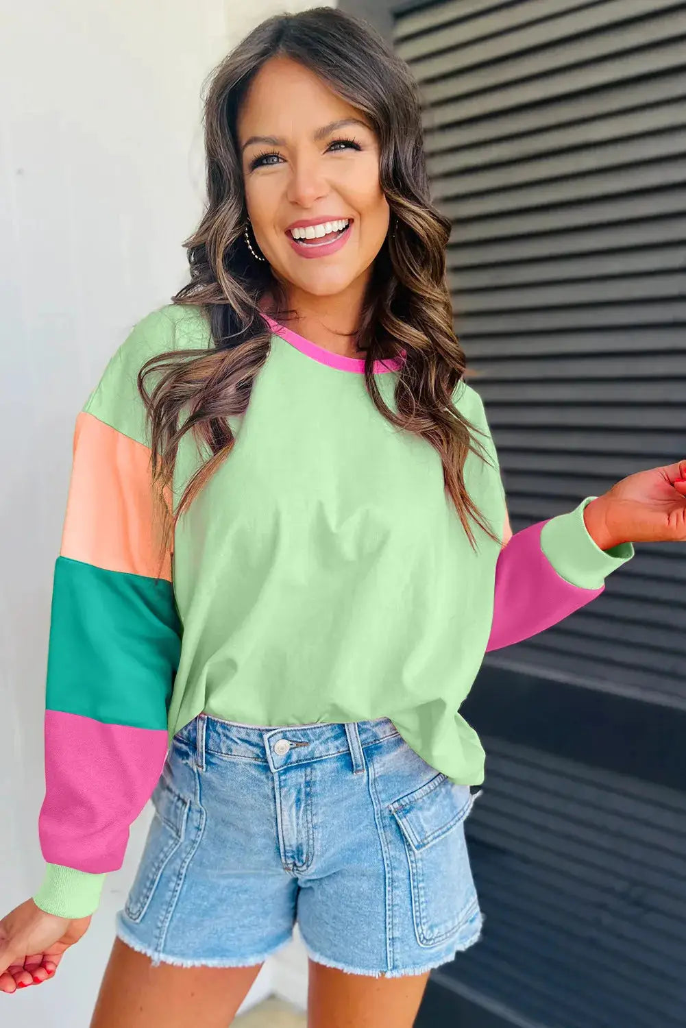 Grateful Threads Boutique Green Colorblock Patchwork Long Sleeve Loose Top - Shirts Green Colorblock Patchwork Long Sleeve Loose Top