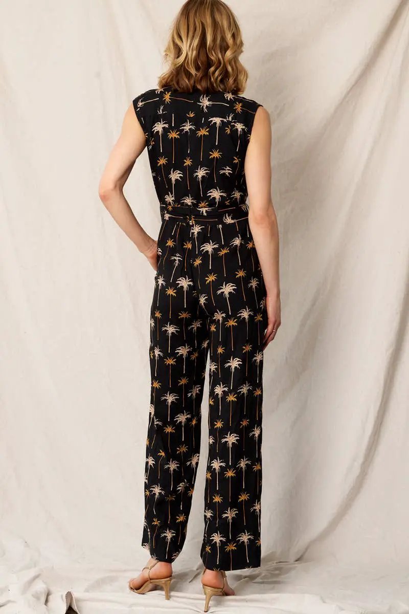 En Crème En Crème Palm Tree Print Cap Sleeve Belted Black Jumpsuit - Dresses