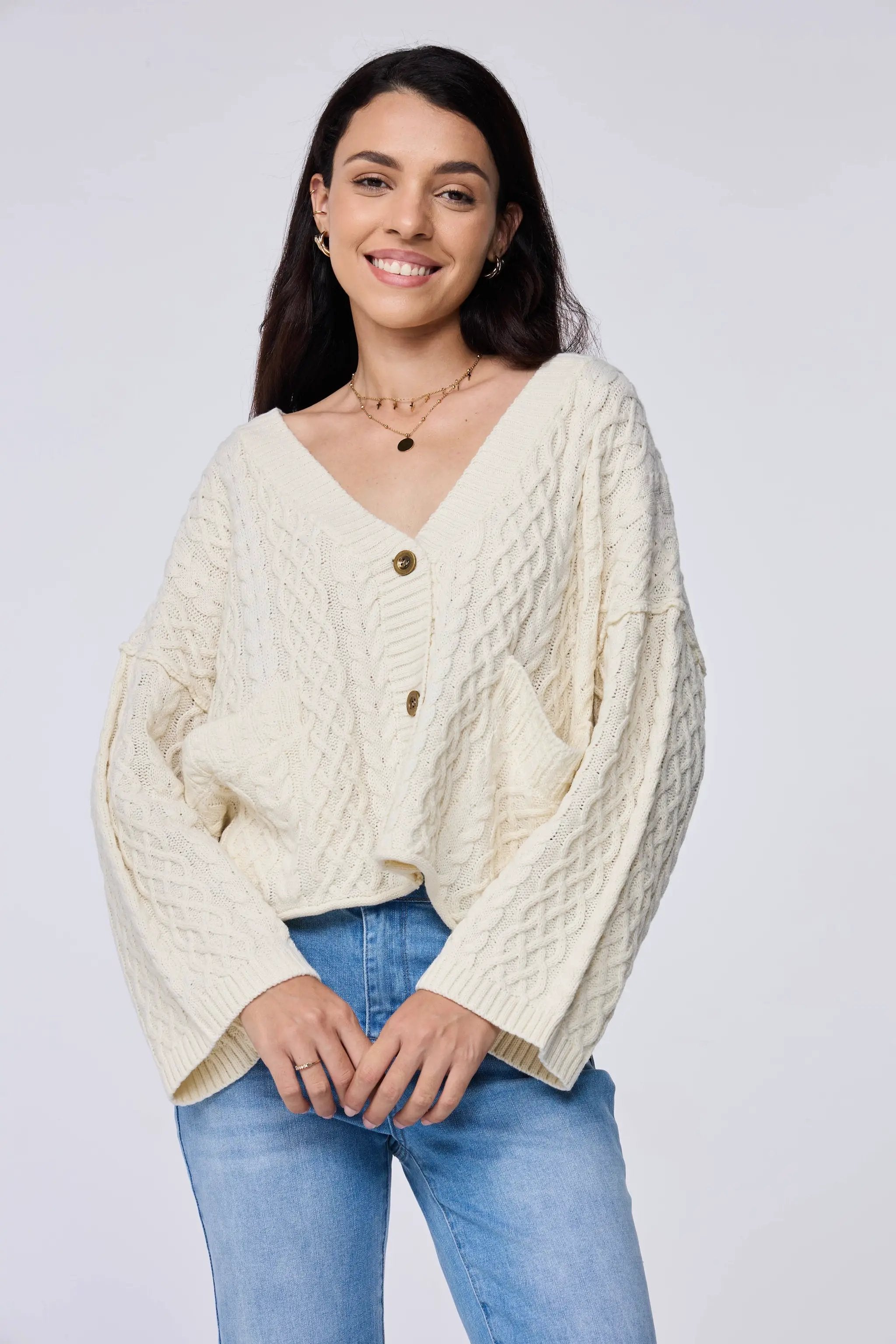 Lovesoft Lovesoft - 100% Acrylic Relaxed Cozy Cable Knit Cardigan - Apricot - Cardigans