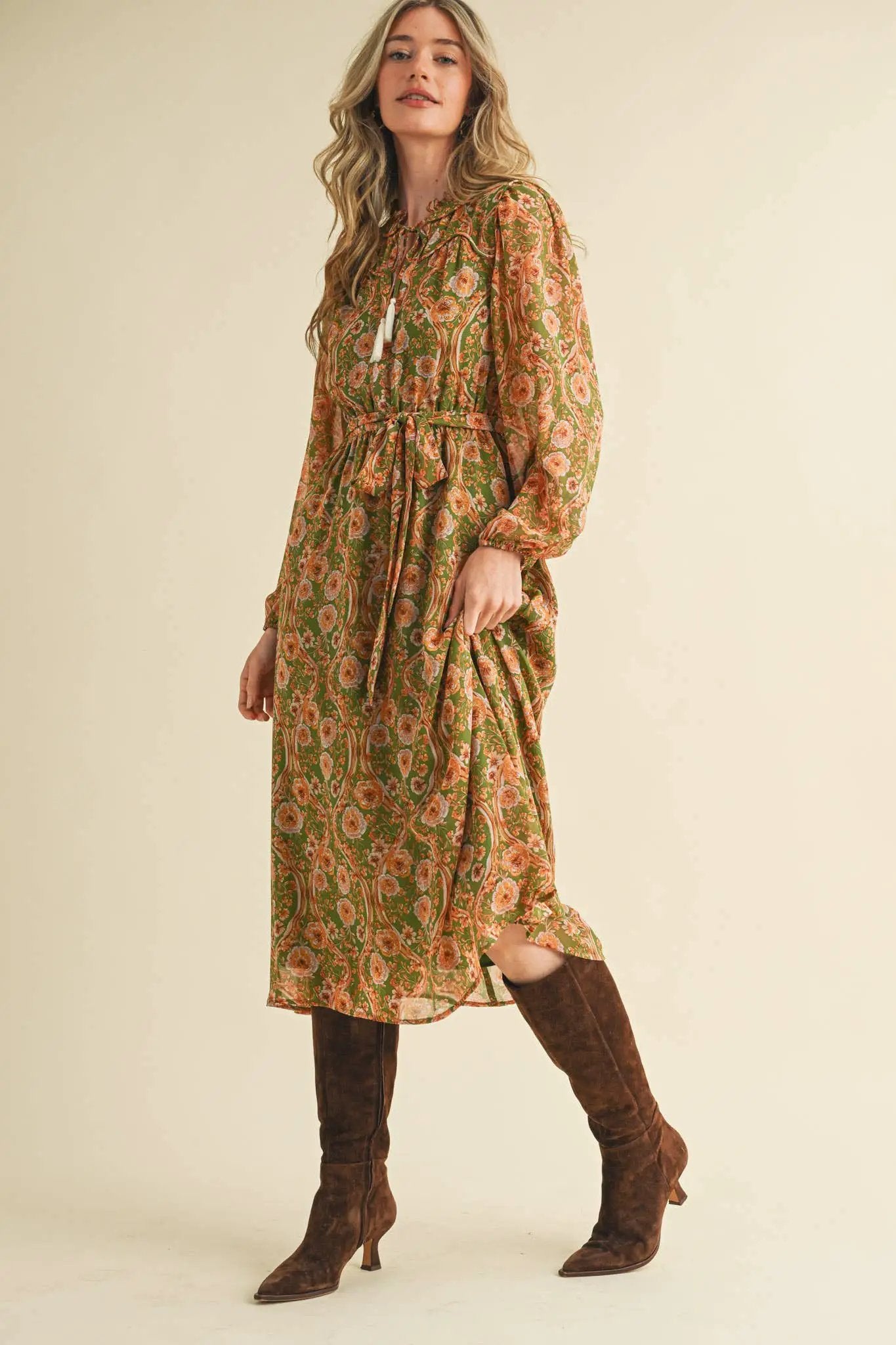 &MERCI Golden Grove Tassel Belted Midi Dress – Olive Floral - Dresses