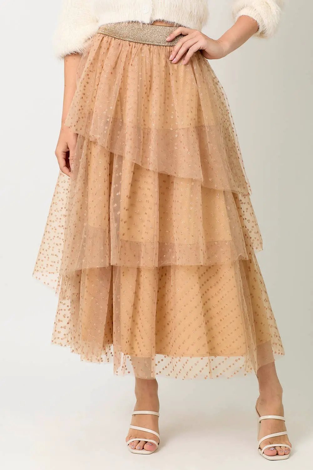 Mystree Mystree Peach/Gold Asymmetrical Tiered Ruffle Tulle Skirt - Skirts