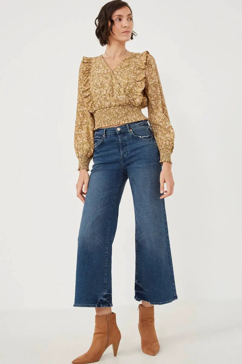 Hayden LA Hayden LA - Women's Smocked Detail Floral Wrap Top: Camel - Blouses top-blouse