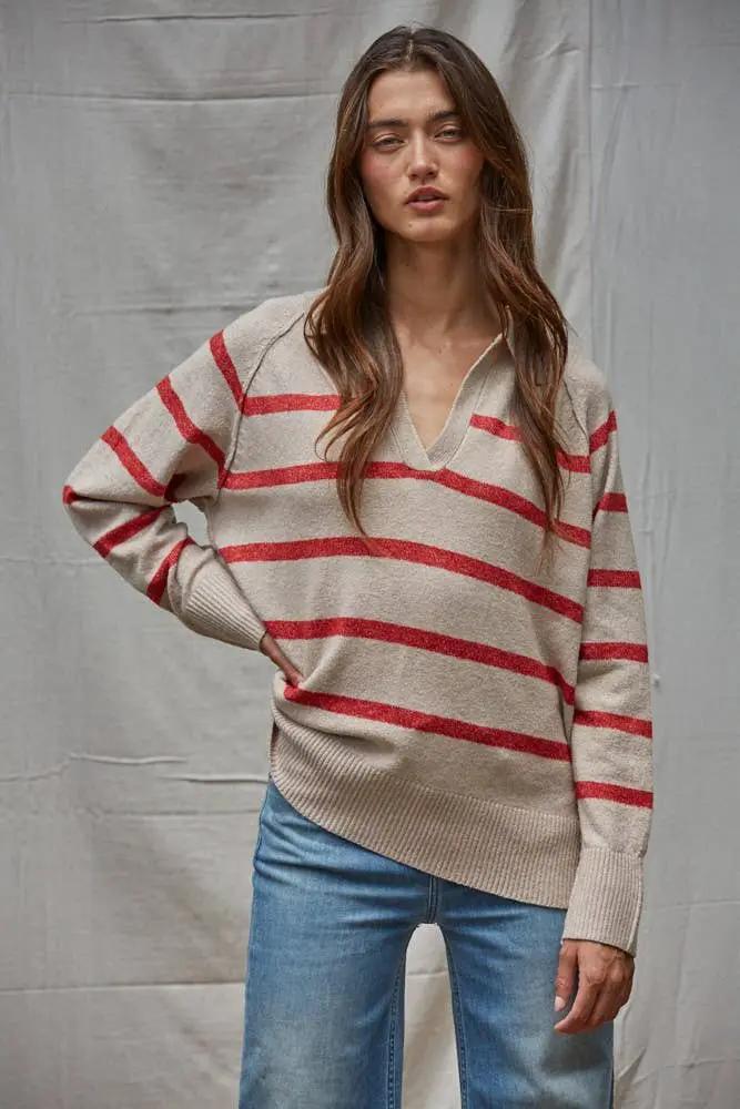 By Together Knit Sweater Striped Collar V-Neck Pullover in Taupe with Red Stripe - Sweaters Knit Sweater Striped Collar V-Neck Pullover