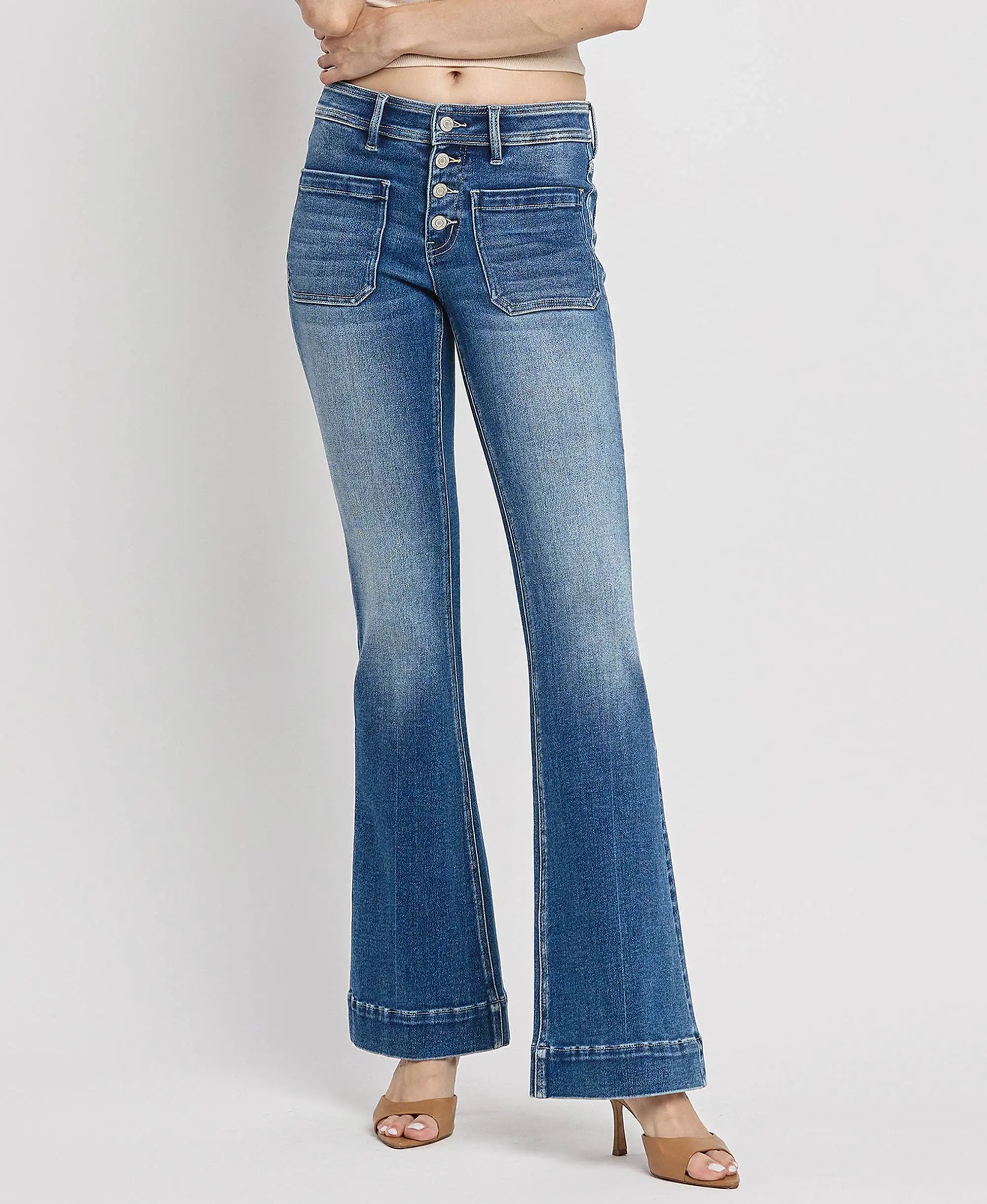 VERVET by FLYING MONKEY Mid Rise Trouser Hem Flare Jeans - Jeans