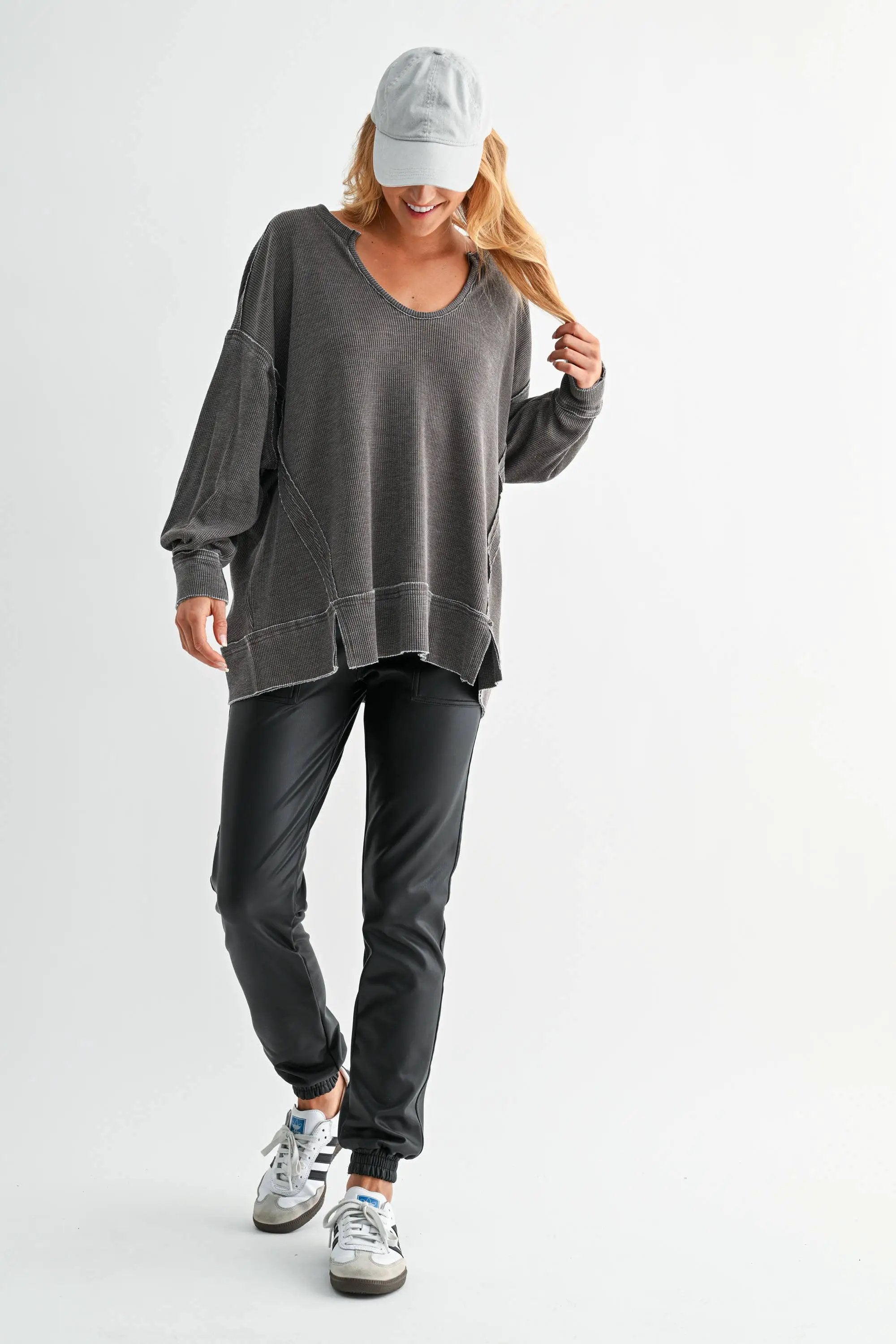 Mono B Mono B - Cotton Blend Waffle Knit Oversized Long Sleeve - Sweatshirts Mono B - Cotton Blend Waffle Knit Oversized Long Sleeve