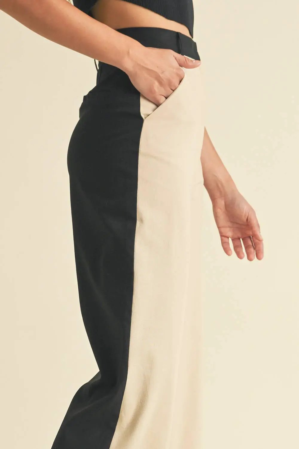 Endless Blu Endless Blu Black/Almond Color Block Linen Trouser Pants - Pants