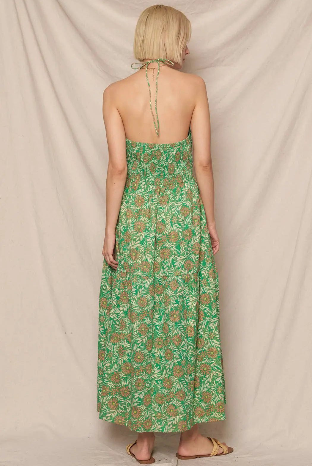 En Crème En Crème Green Floral Print Strappy Halter Neck Midi Dress with Lurex - Dresses floral print strappy dress